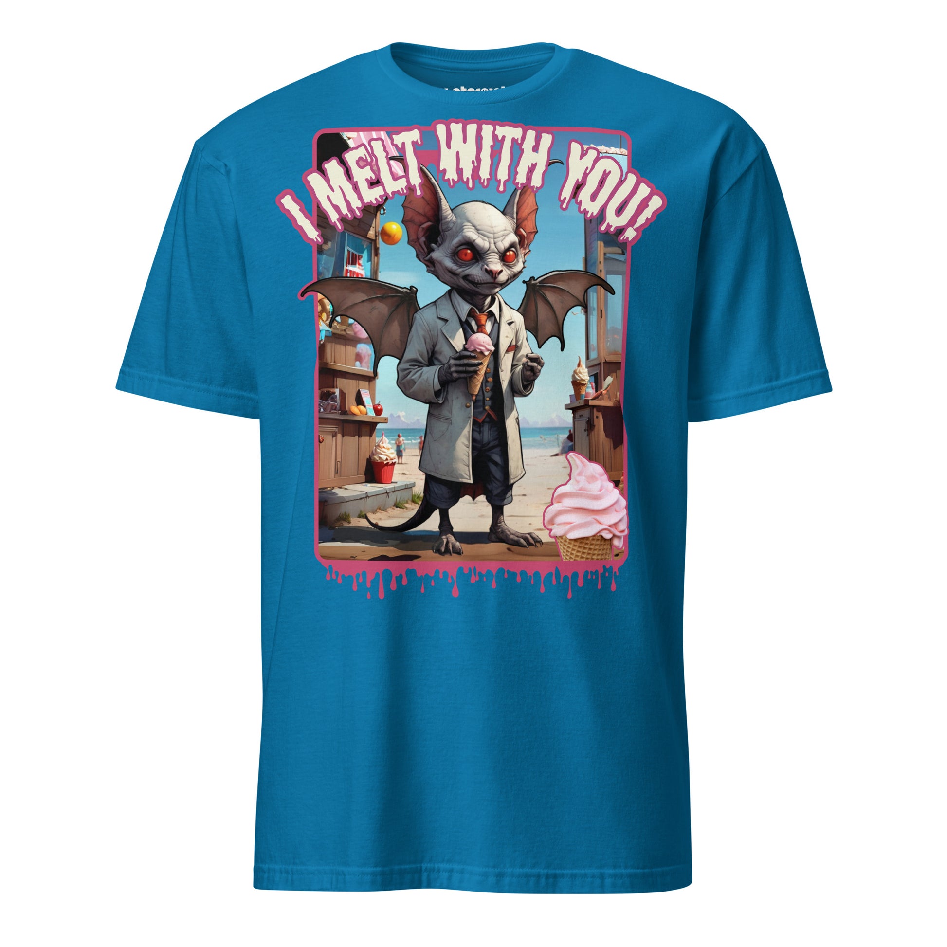 Winterpink T-Shirt – Vampir im Mantel mit Eis an der Strandbude, Text ‚I Melt With You‘, absurd-humorvolles Sommermotiv mit Empowerment