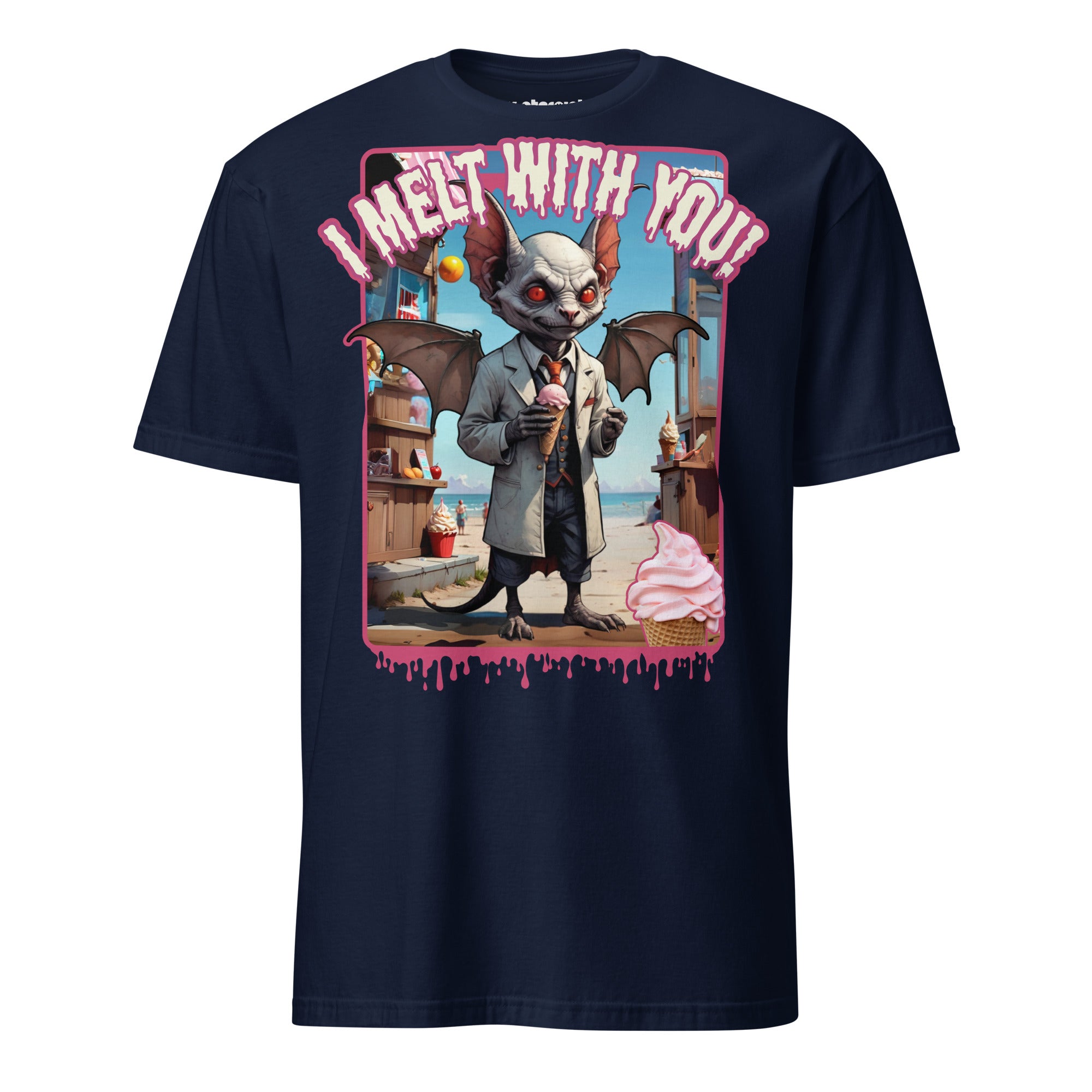 Winterpink T-Shirt – Vampir im Mantel mit Eis an der Strandbude, Text ‚I Melt With You‘, absurd-humorvolles Sommermotiv mit Empowerment