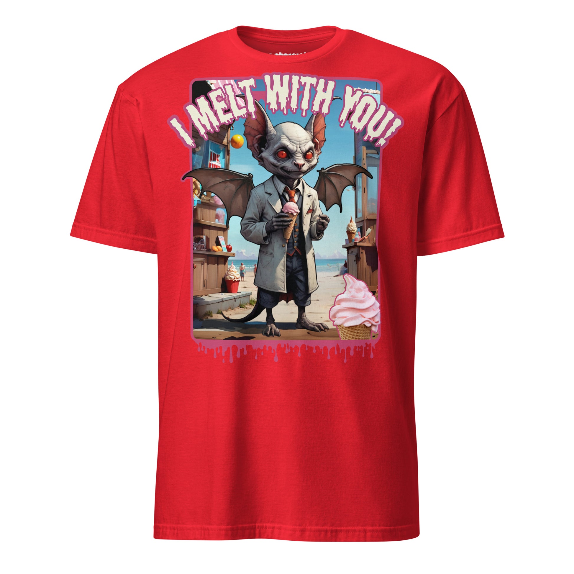 Winterpink T-Shirt – Vampir im Mantel mit Eis an der Strandbude, Text ‚I Melt With You‘, absurd-humorvolles Sommermotiv mit Empowerment