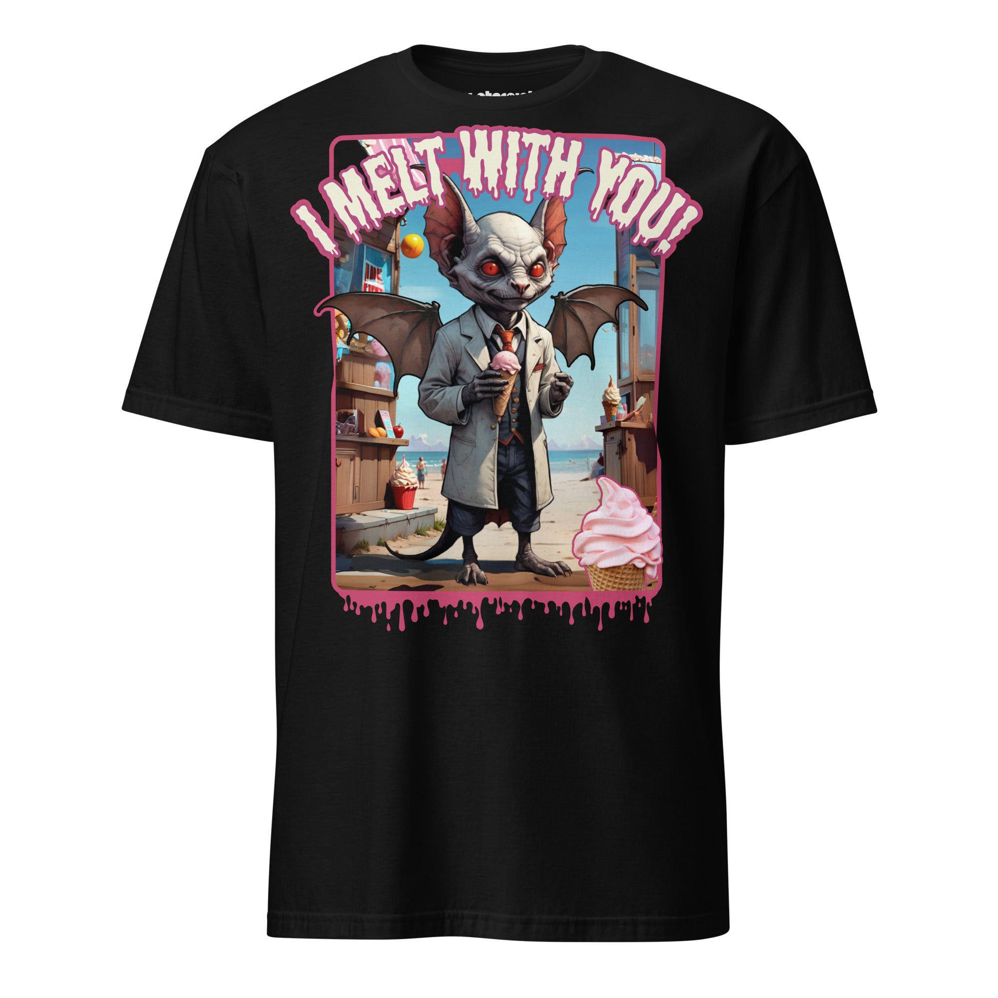 Winterpink T-Shirt – Vampir im Mantel mit Eis an der Strandbude, Text ‚I Melt With You‘, absurd-humorvolles Sommermotiv mit Empowerment