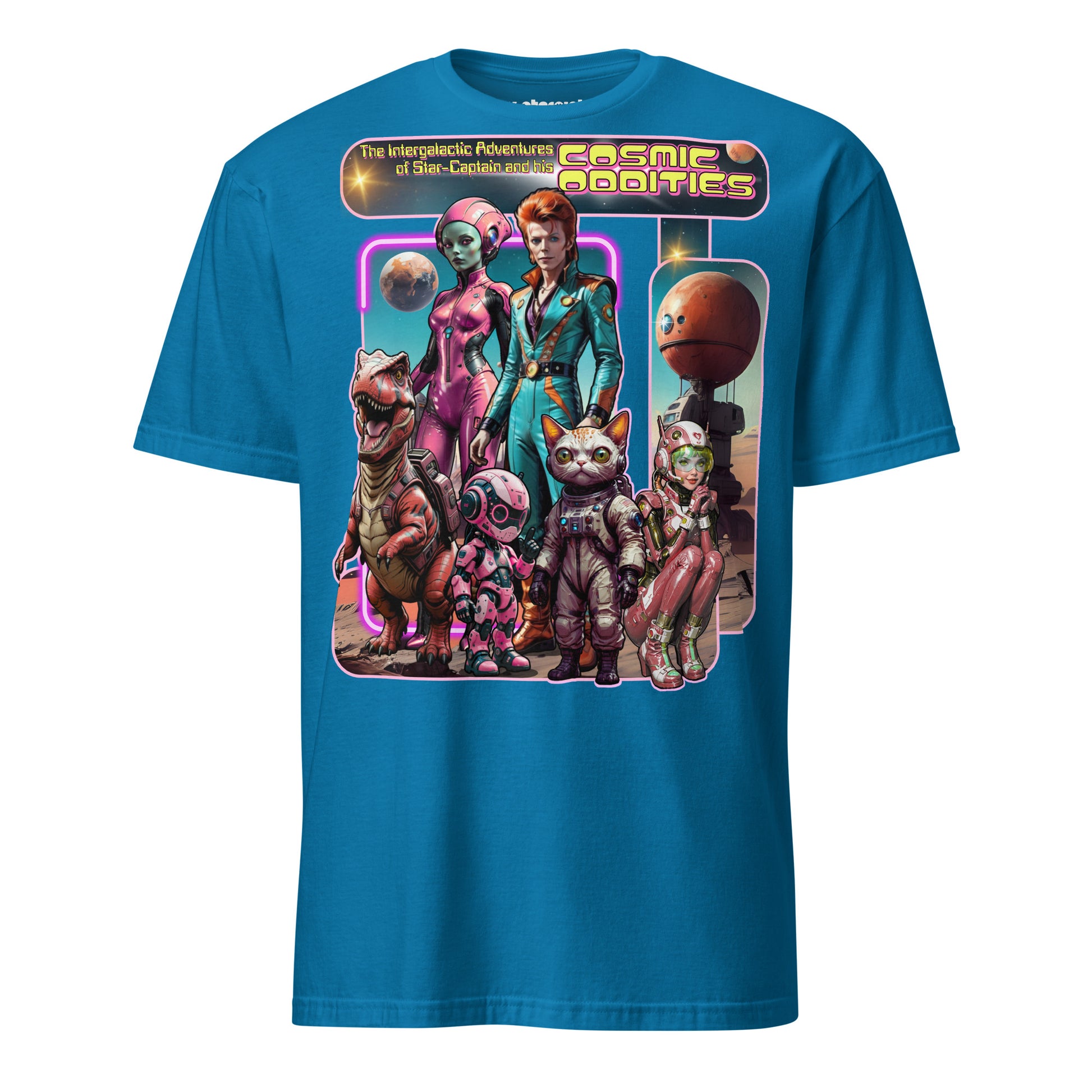 Winterpink T-Shirt the intergalactic star-captain’s COSMIC ODDITY – intergalaktischer Captain mit Crew aus Dino, Katze, Alien & Roboter im Future-Collagen-Look