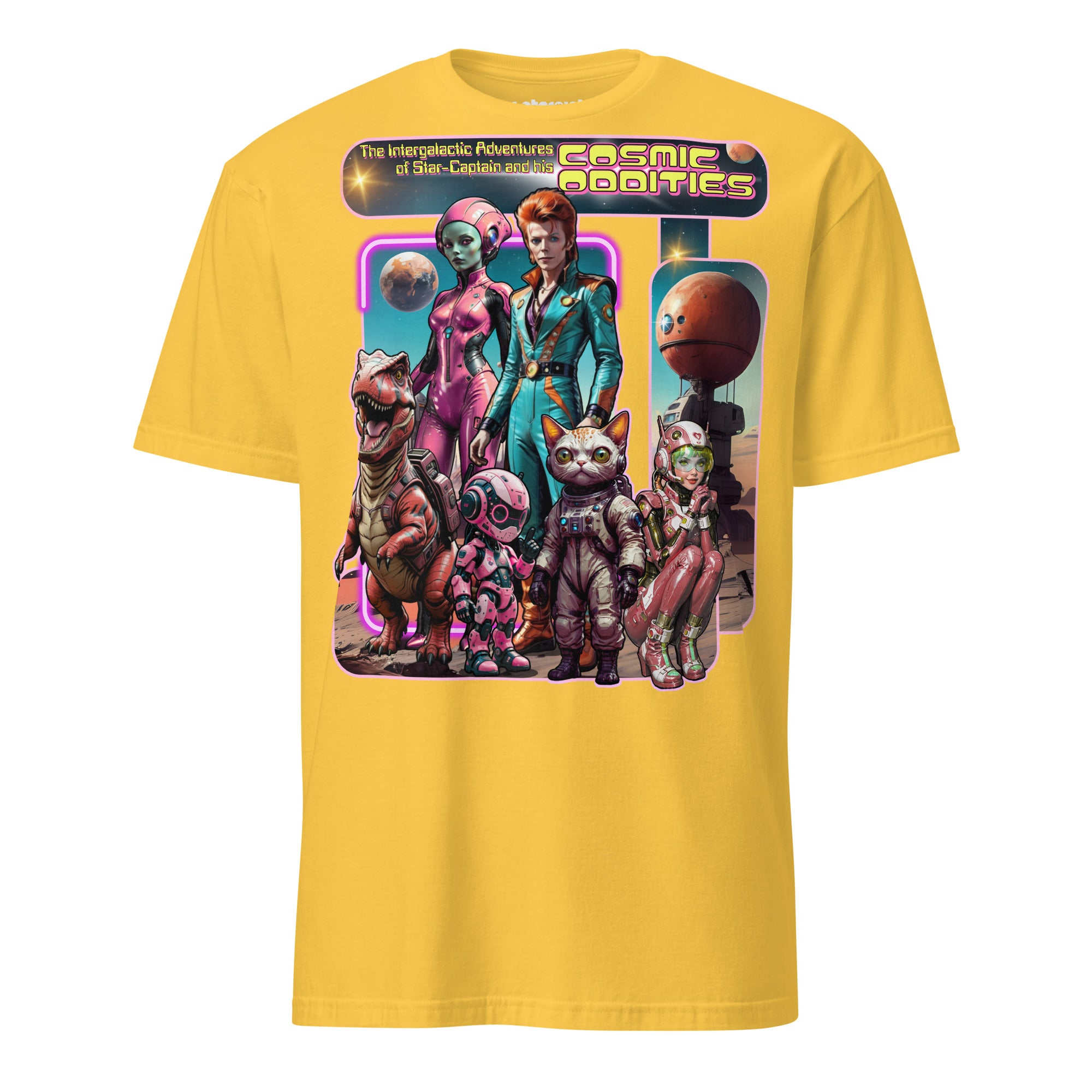 Winterpink T-Shirt the intergalactic star-captain’s COSMIC ODDITY – intergalaktischer Captain mit Crew aus Dino, Katze, Alien & Roboter im Future-Collagen-Look