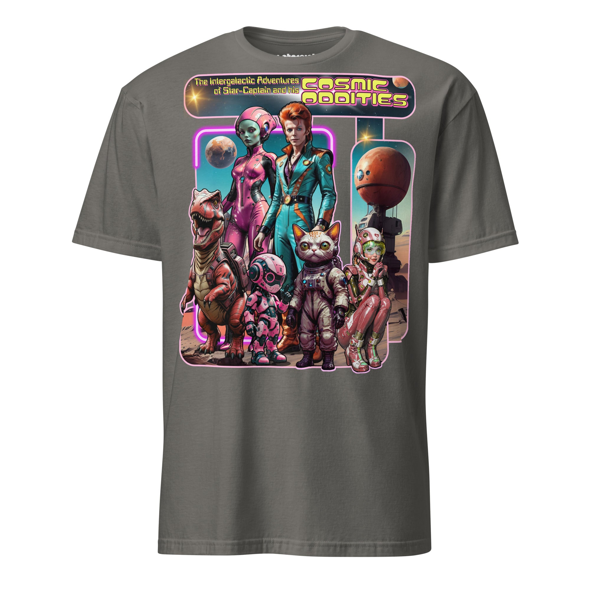 Winterpink T-Shirt the intergalactic star-captain’s COSMIC ODDITY – intergalaktischer Captain mit Crew aus Dino, Katze, Alien & Roboter im Future-Collagen-Look
