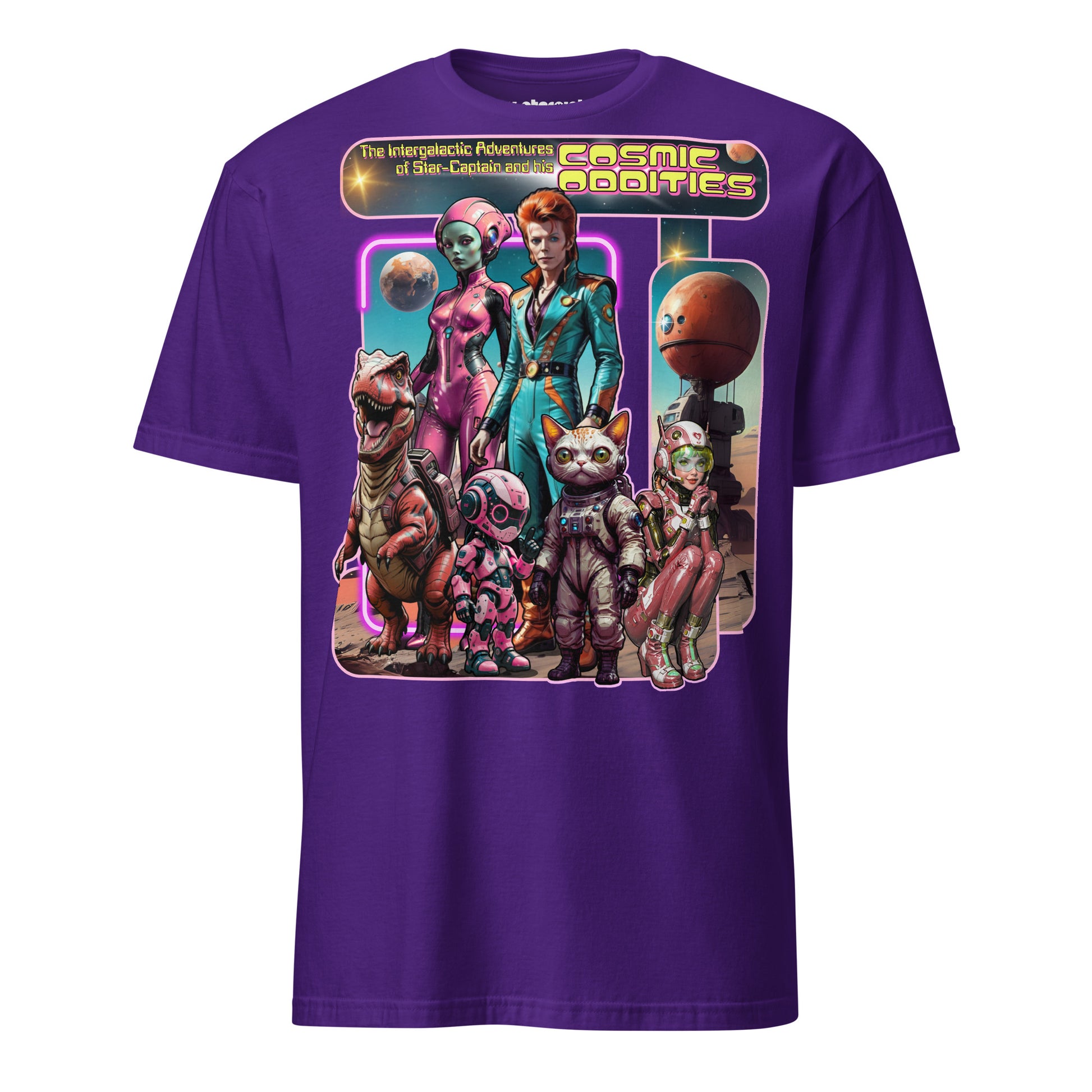 Winterpink T-Shirt the intergalactic star-captain’s COSMIC ODDITY – intergalaktischer Captain mit Crew aus Dino, Katze, Alien & Roboter im Future-Collagen-Look