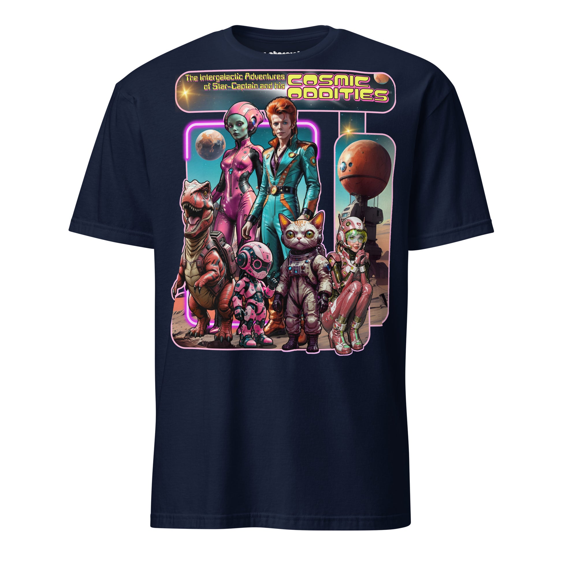 Winterpink T-Shirt the intergalactic star-captain’s COSMIC ODDITY – intergalaktischer Captain mit Crew aus Dino, Katze, Alien & Roboter im Future-Collagen-Look
