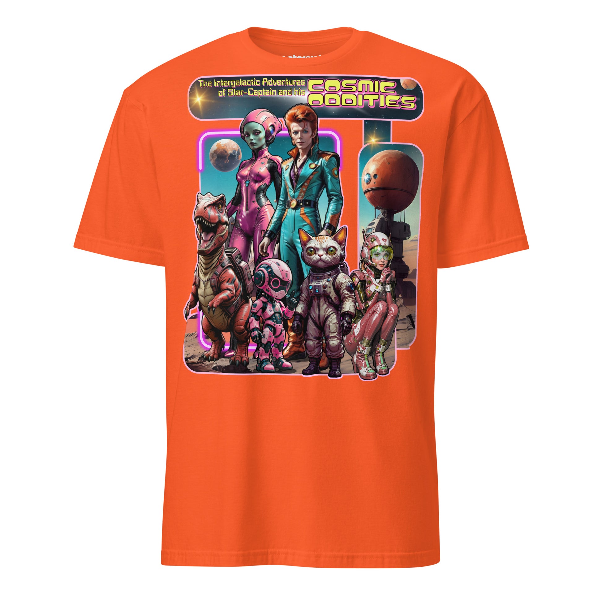 Winterpink T-Shirt the intergalactic star-captain’s COSMIC ODDITY – intergalaktischer Captain mit Crew aus Dino, Katze, Alien & Roboter im Future-Collagen-Look