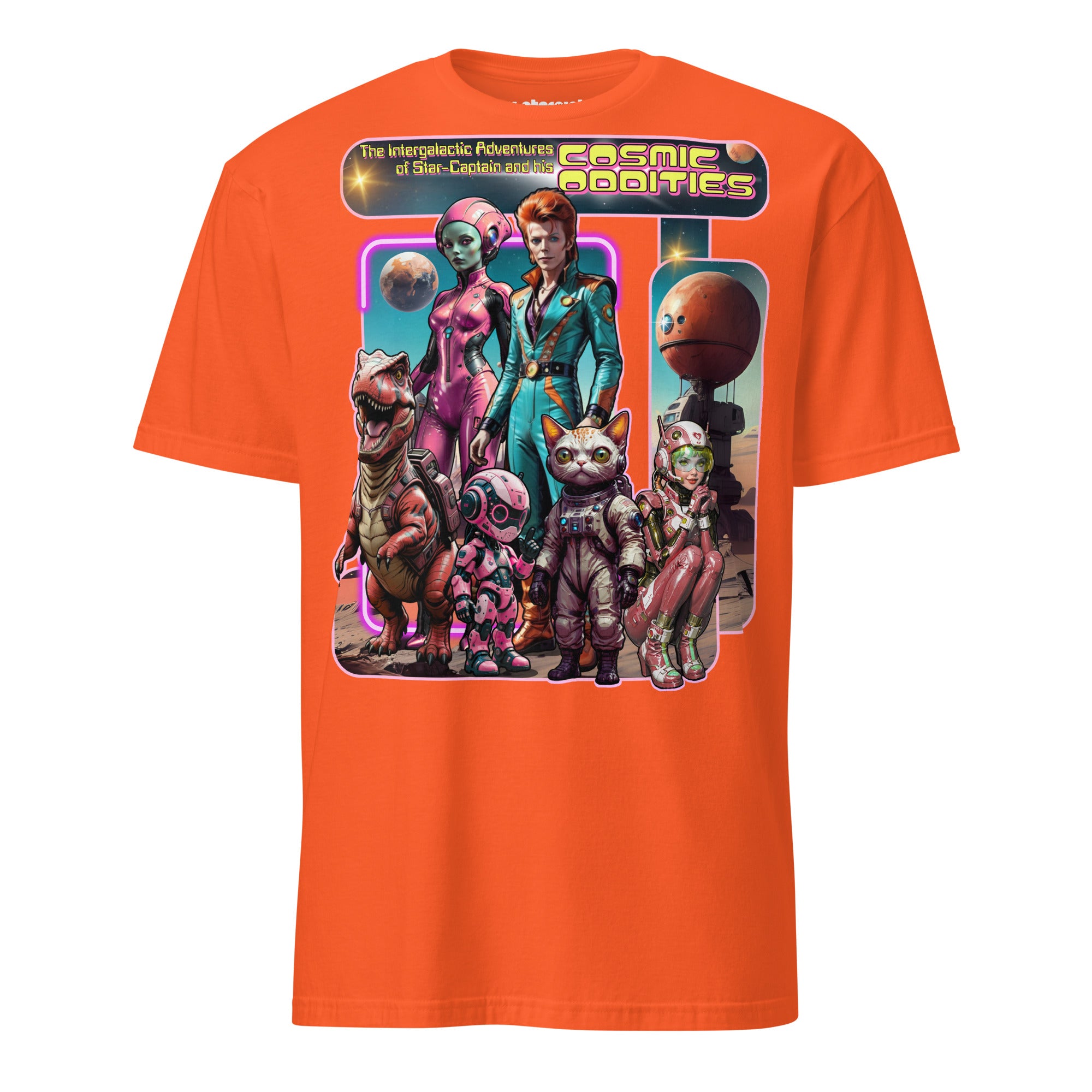 Winterpink T-Shirt the intergalactic star-captain’s COSMIC ODDITY – intergalaktischer Captain mit Crew aus Dino, Katze, Alien & Roboter im Future-Collagen-Look