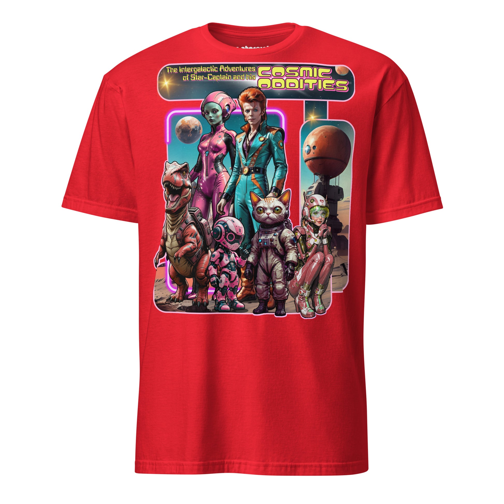 Winterpink T-Shirt the intergalactic star-captain’s COSMIC ODDITY – intergalaktischer Captain mit Crew aus Dino, Katze, Alien & Roboter im Future-Collagen-Look