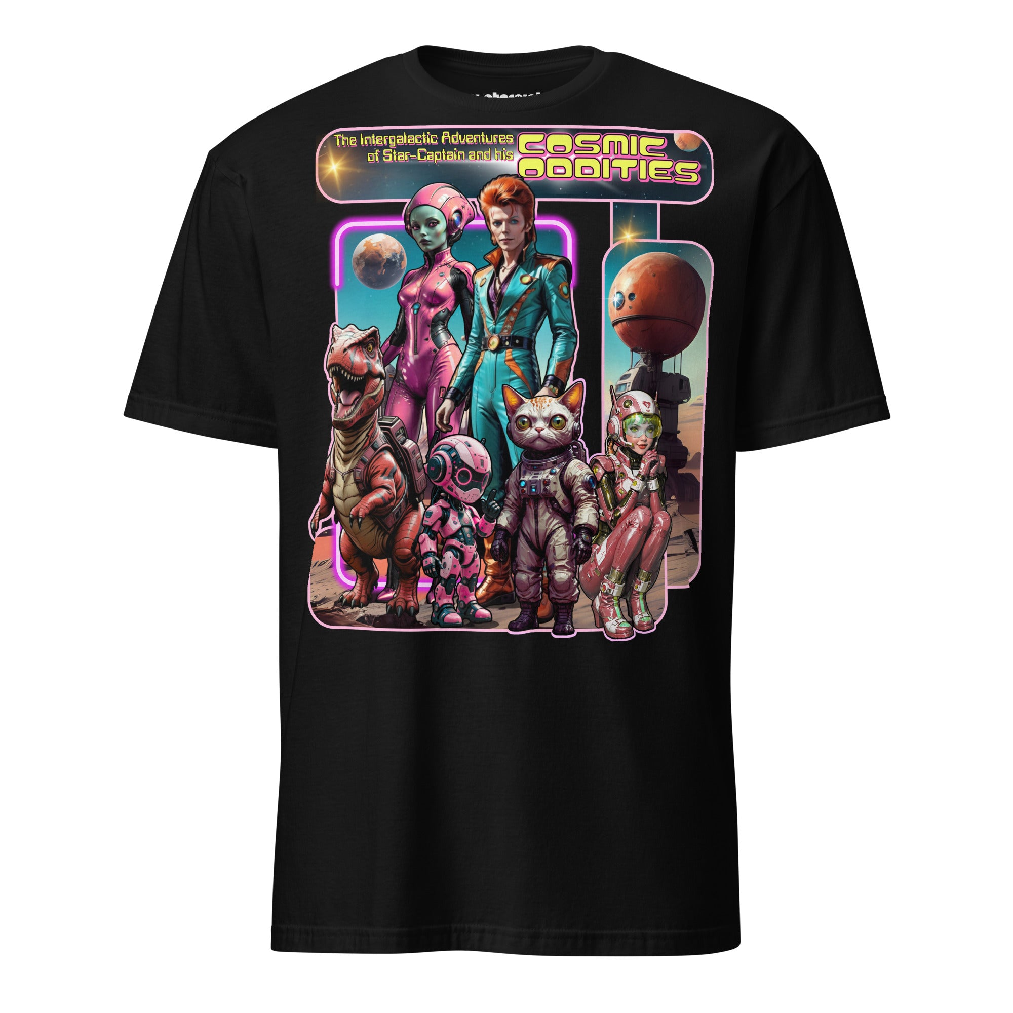 Winterpink T-Shirt the intergalactic star-captain’s COSMIC ODDITY – intergalaktischer Captain mit Crew aus Dino, Katze, Alien & Roboter im Future-Collagen-Look