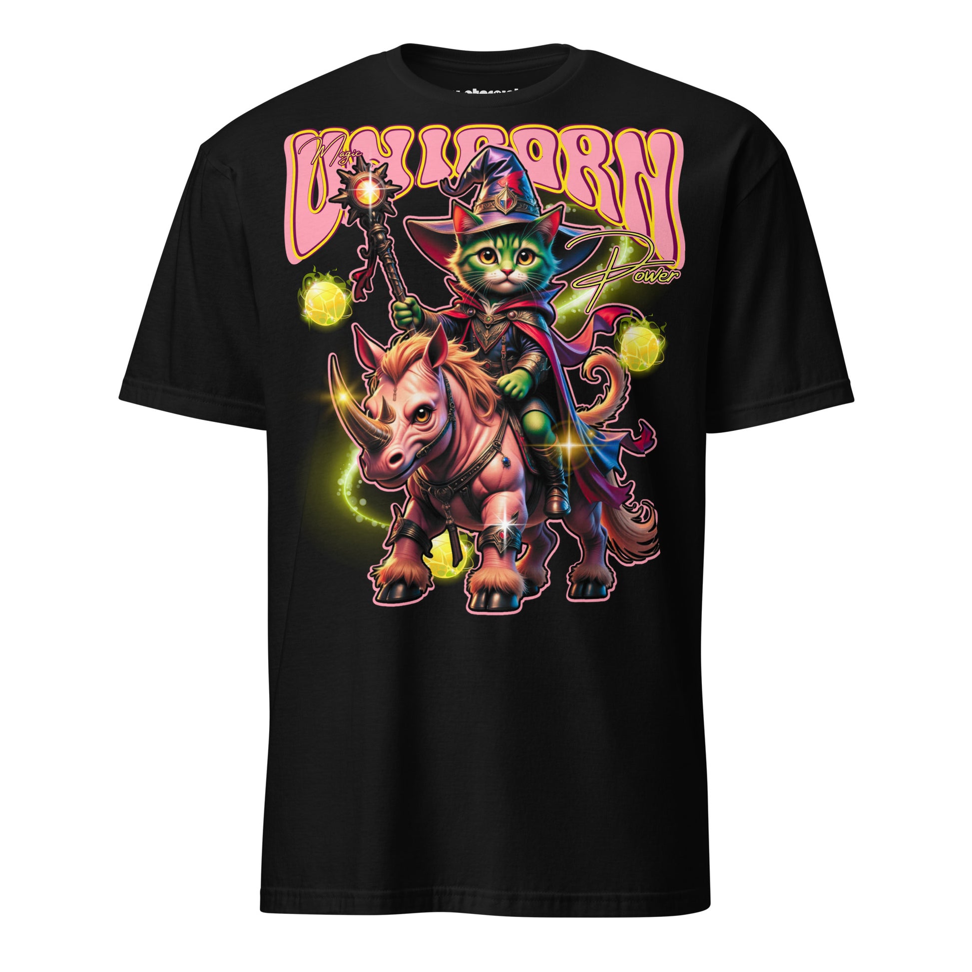 Winterpink T-Shirt Magic Unicorn Power – grüne Katze des Westens mit Zauberstab reitet auf zweihörnigem Unicorn-Rhino-Einhorn, Neon-Orbs & magisches Design