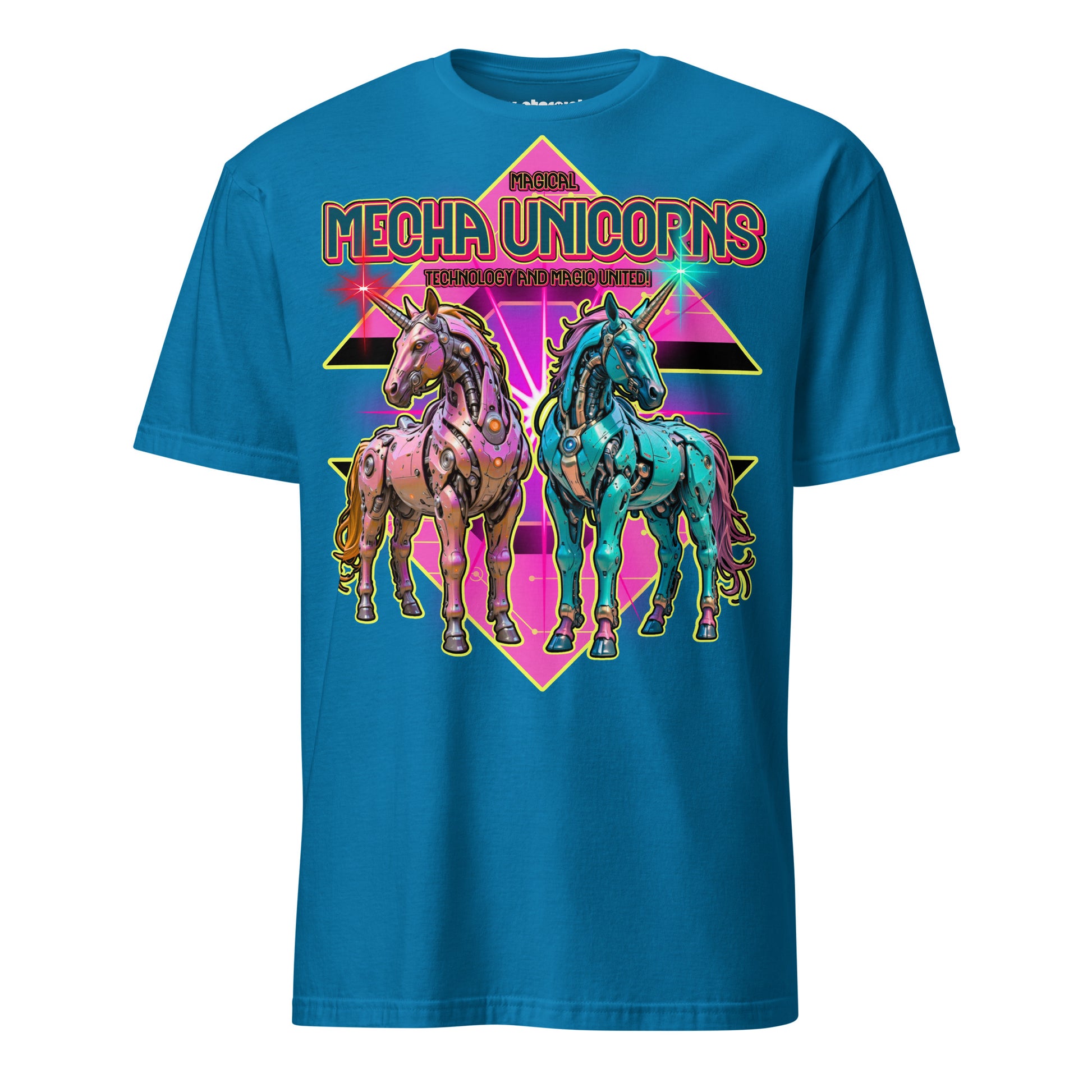 Winterpink T-Shirt Magical Mecha Unicorns – Zwei futuristische Mecha-Einhörner im 70er Disco-Look, Magie trifft Technologie