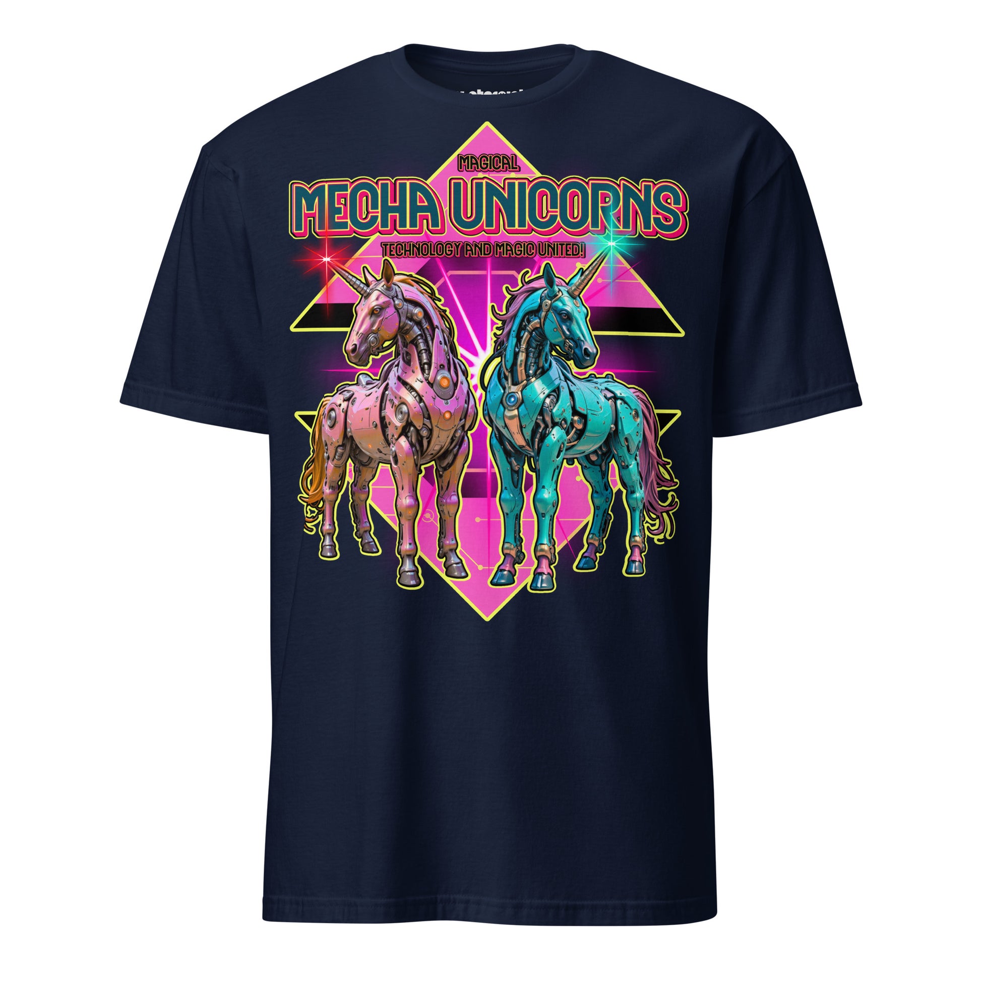 Winterpink T-Shirt Magical Mecha Unicorns – Zwei futuristische Mecha-Einhörner im 70er Disco-Look, Magie trifft Technologie