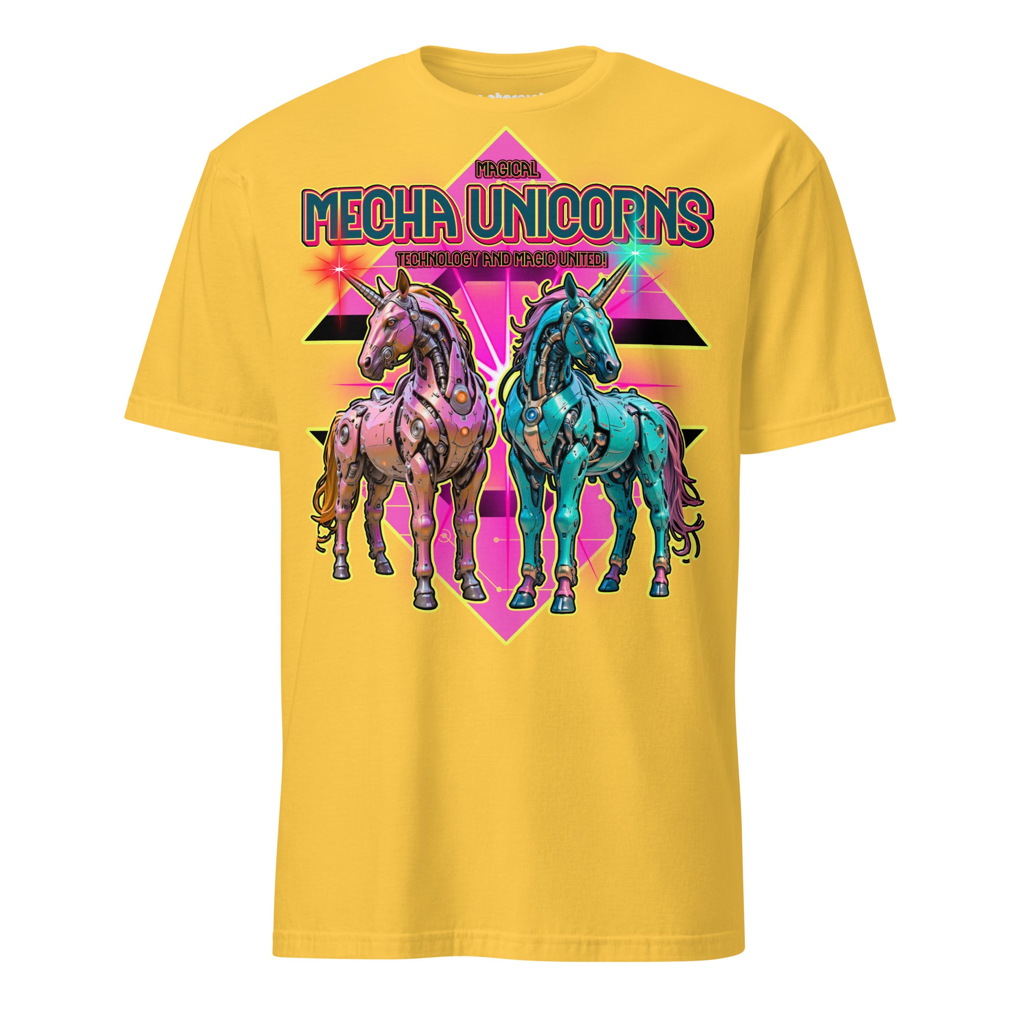 Winterpink T-Shirt Magical Mecha Unicorns – Zwei futuristische Mecha-Einhörner im 70er Disco-Look, Magie trifft Technologie