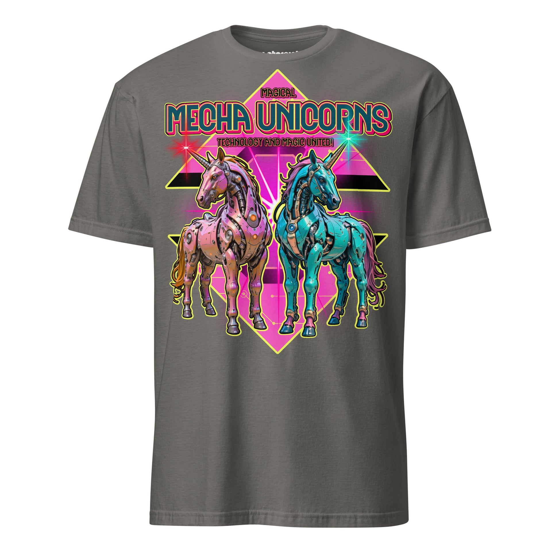 Winterpink T-Shirt Magical Mecha Unicorns – Zwei futuristische Mecha-Einhörner im 70er Disco-Look, Magie trifft Technologie