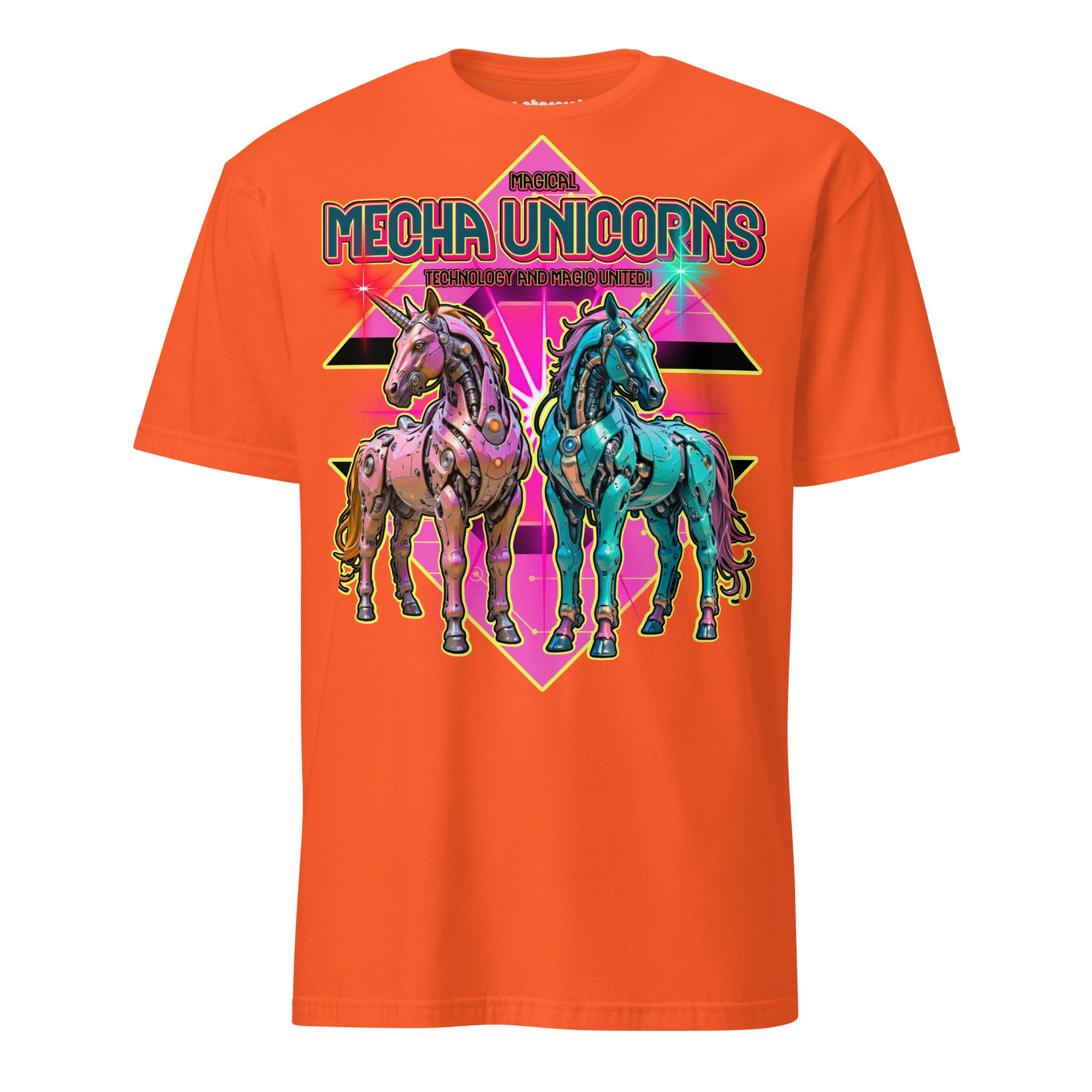 Winterpink T-Shirt Magical Mecha Unicorns – Zwei futuristische Mecha-Einhörner im 70er Disco-Look, Magie trifft Technologie