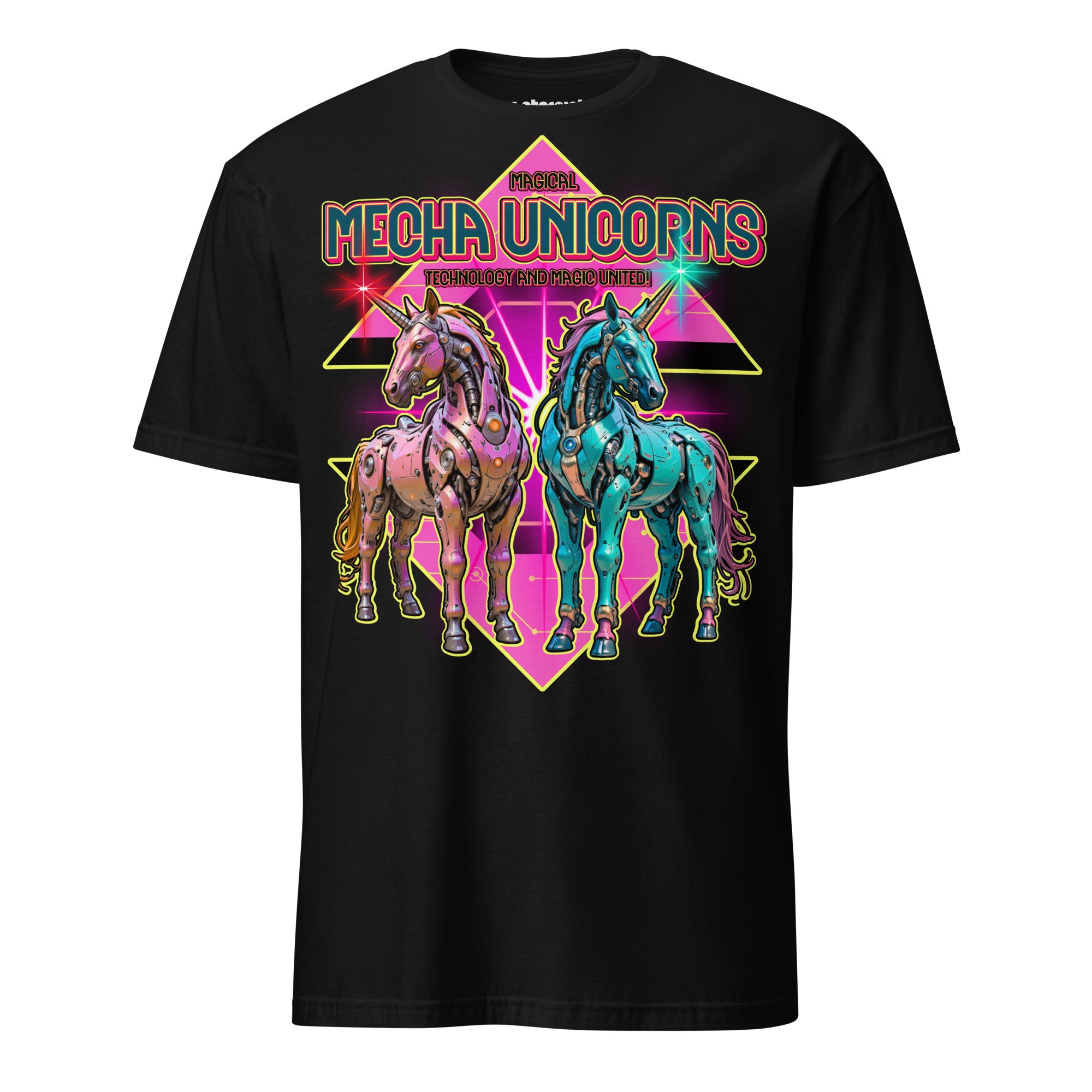 Winterpink T-Shirt Magical Mecha Unicorns – Zwei futuristische Mecha-Einhörner im 70er Disco-Look, Magie trifft Technologie