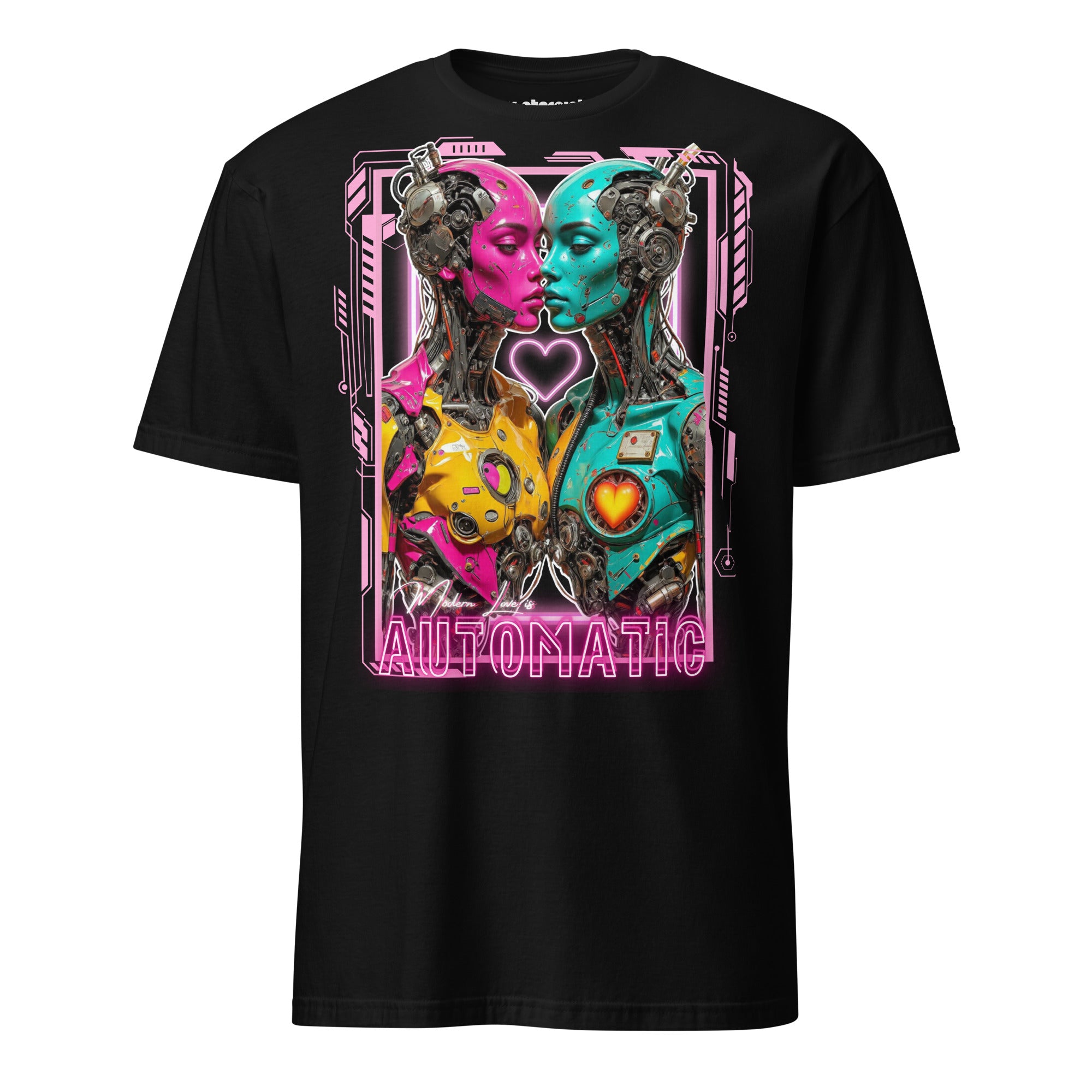 Winterpink T-Shirt Modern Love is Automatic – zwei Neon-Cyborgs in Pink & Türkis, Cyberpunk Romance Design, Statement für Liebe als universelle Software