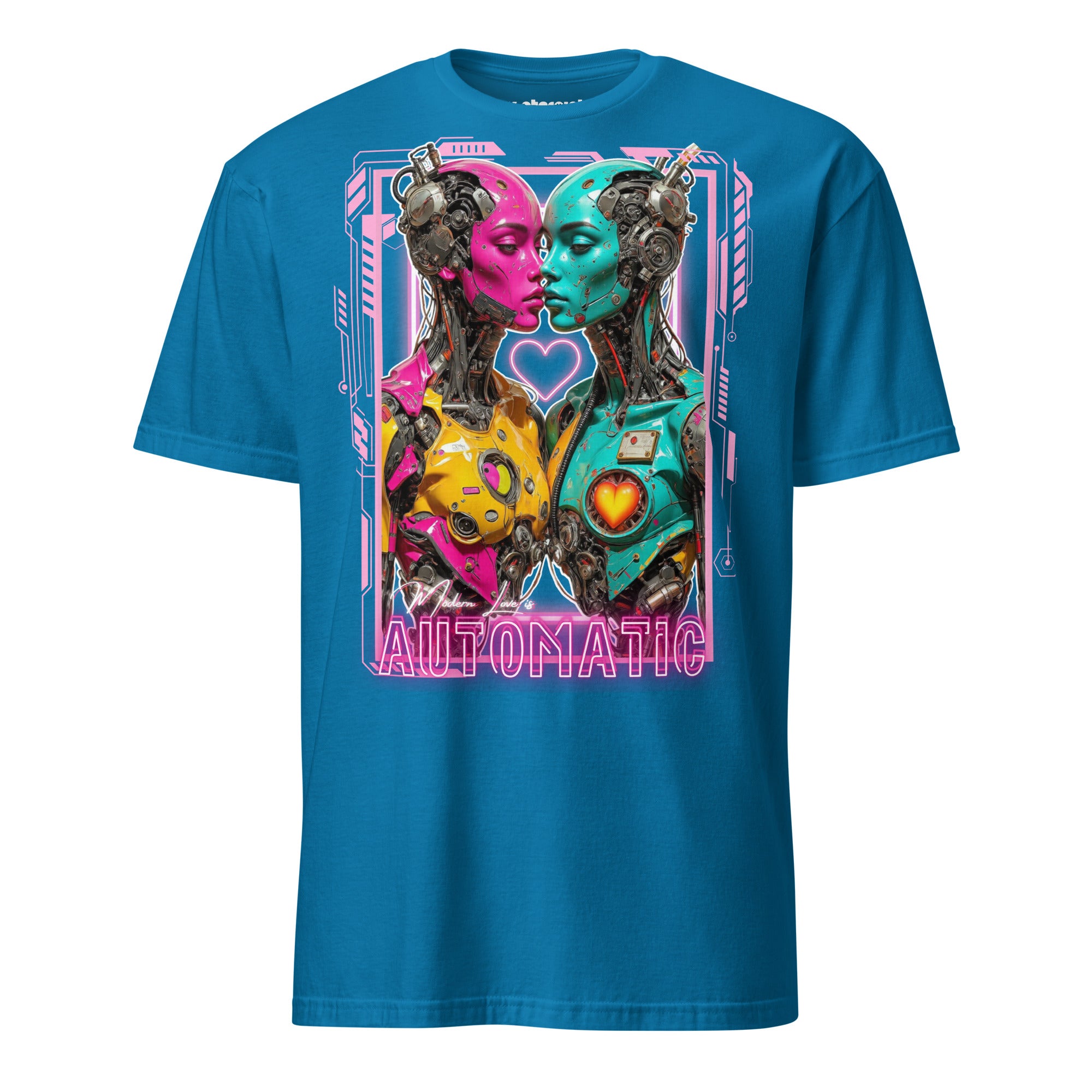 Winterpink T-Shirt Modern Love is Automatic – zwei Neon-Cyborgs in Pink & Türkis, Cyberpunk Romance Design, Statement für Liebe als universelle Software