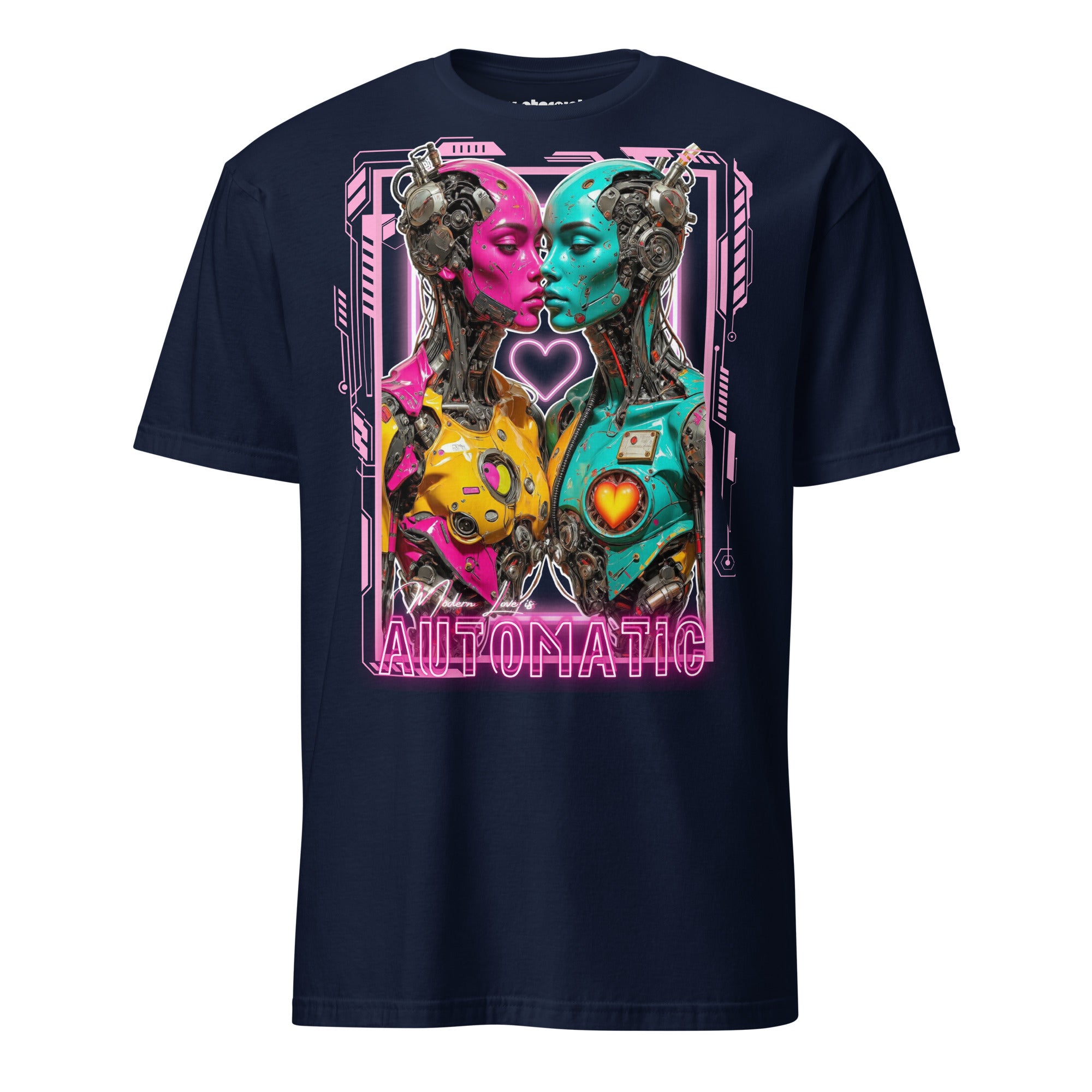 Winterpink T-Shirt Modern Love is Automatic – zwei Neon-Cyborgs in Pink & Türkis, Cyberpunk Romance Design, Statement für Liebe als universelle Software