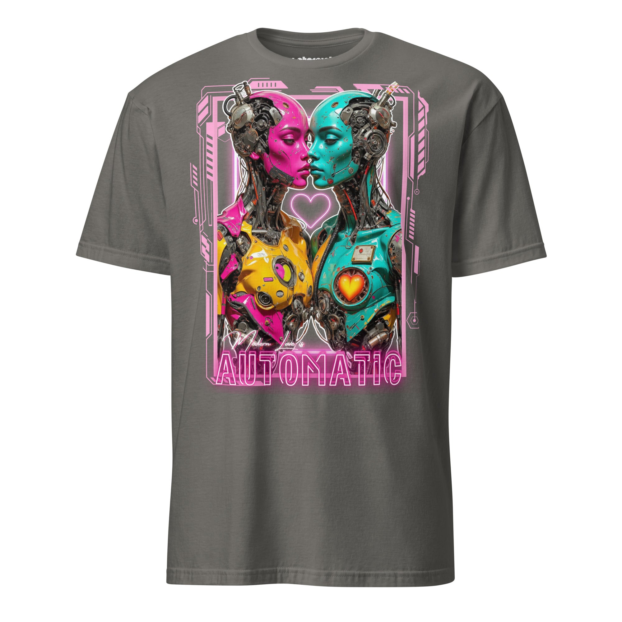 Winterpink T-Shirt Modern Love is Automatic – zwei Neon-Cyborgs in Pink & Türkis, Cyberpunk Romance Design, Statement für Liebe als universelle Software