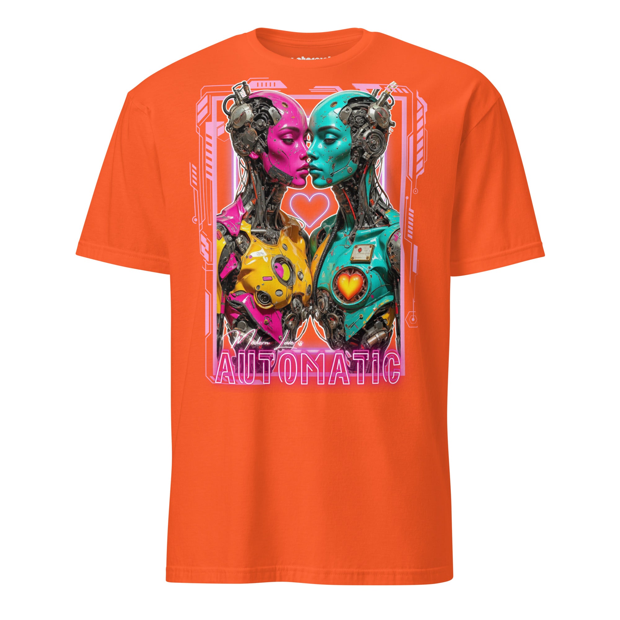 Winterpink T-Shirt Modern Love is Automatic – zwei Neon-Cyborgs in Pink & Türkis, Cyberpunk Romance Design, Statement für Liebe als universelle Software
