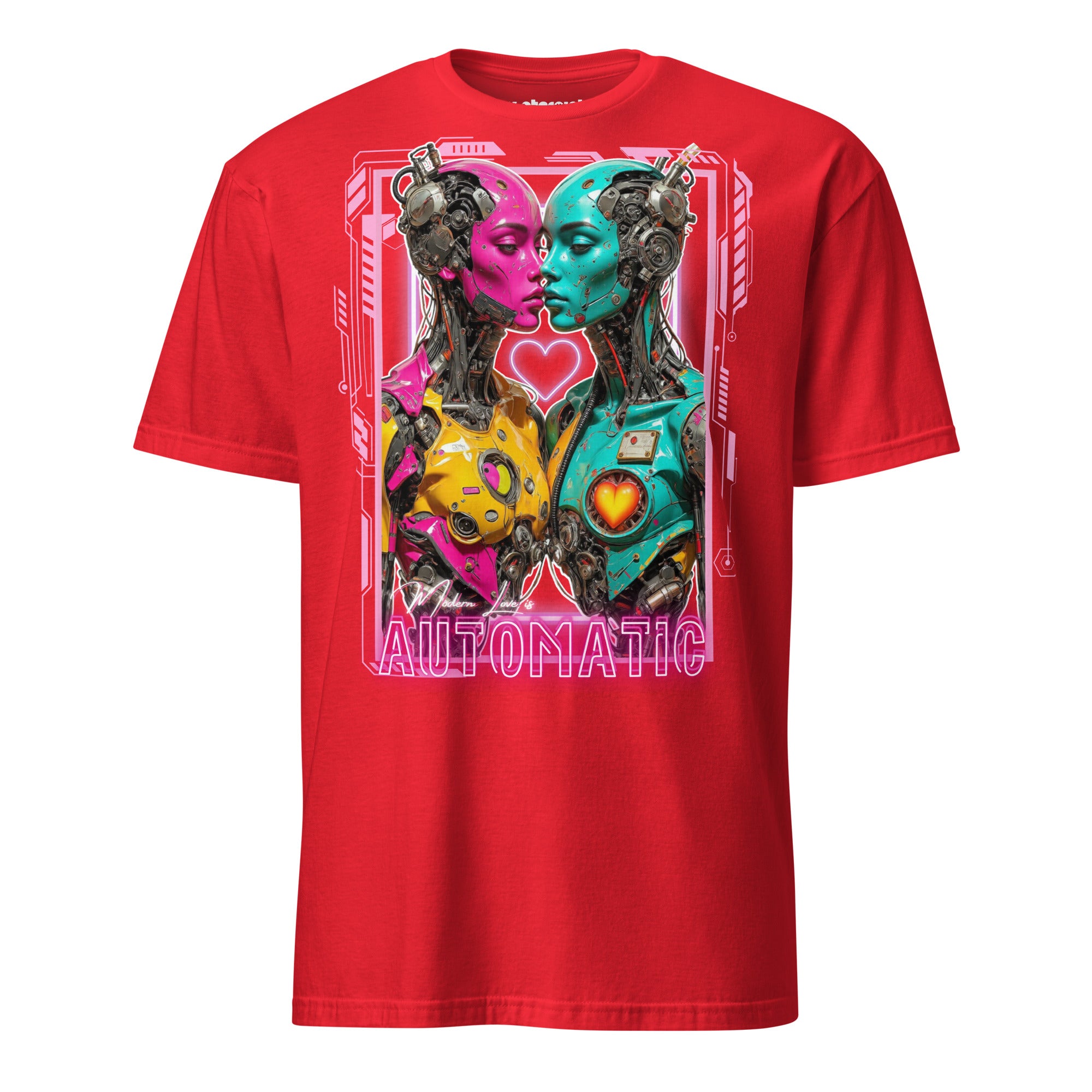 Winterpink T-Shirt Modern Love is Automatic – zwei Neon-Cyborgs in Pink & Türkis, Cyberpunk Romance Design, Statement für Liebe als universelle Software