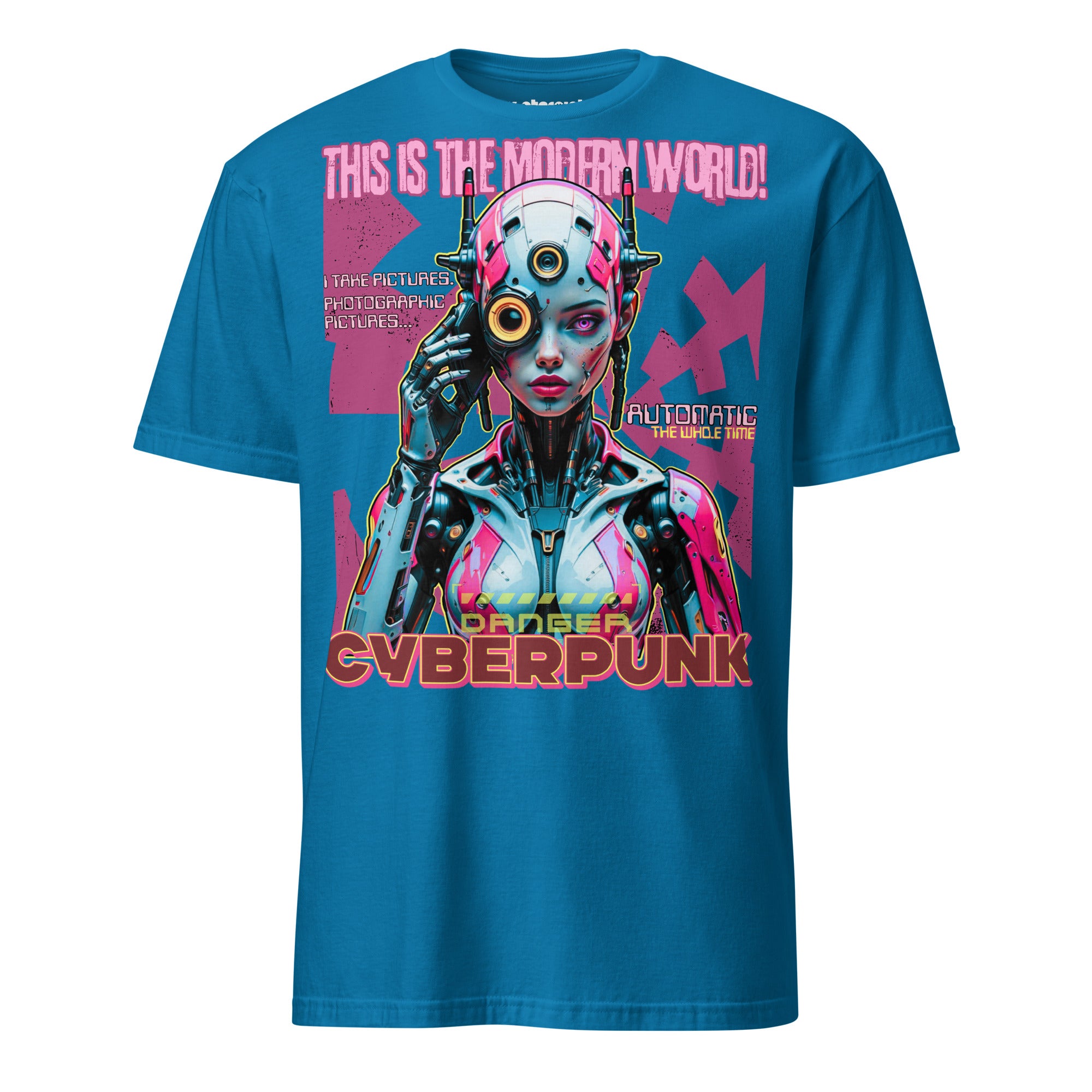 Winterpink T-Shirt – Cyborg im Neon-Design mit Text ‚This is the Modern World‘, Cyberpunk-Style zwischen Überwachung, Dystopie und Streetwear