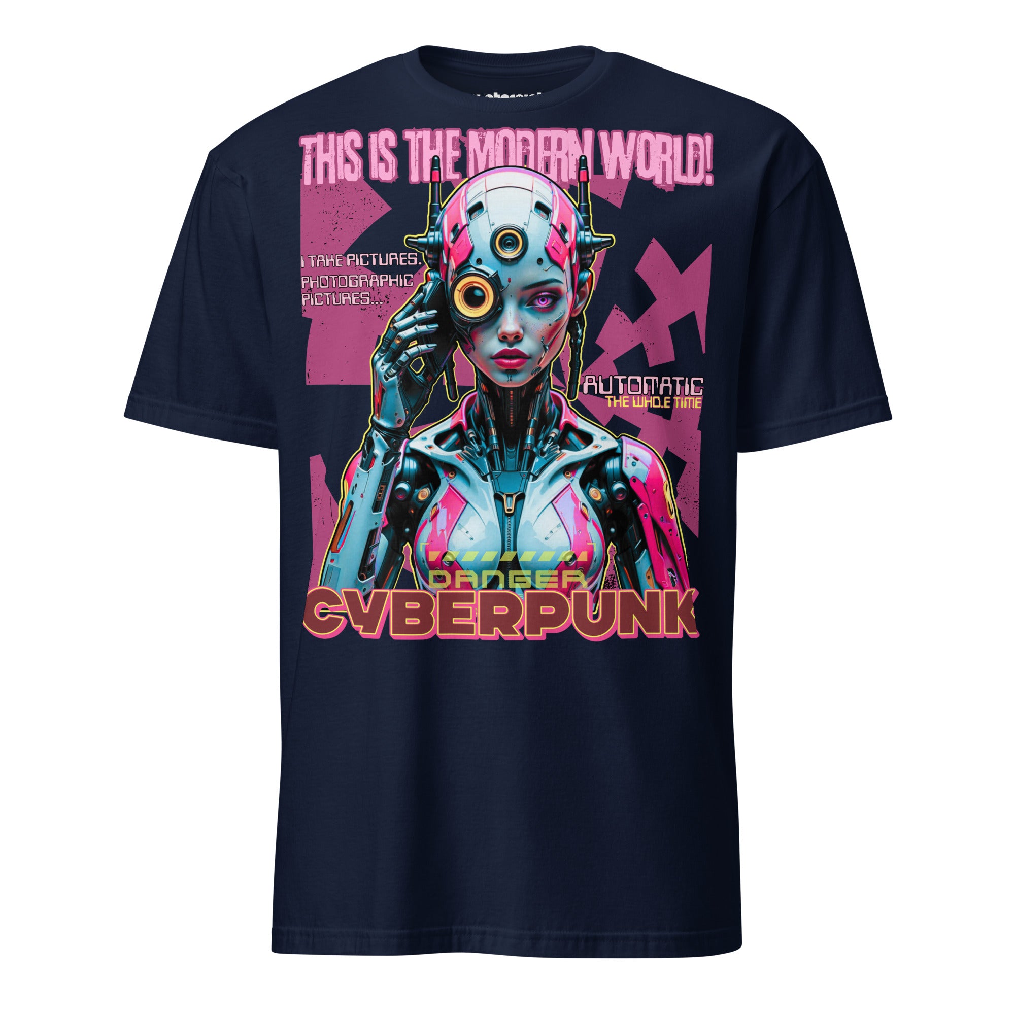 Winterpink T-Shirt – Cyborg im Neon-Design mit Text ‚This is the Modern World‘, Cyberpunk-Style zwischen Überwachung, Dystopie und Streetwear
