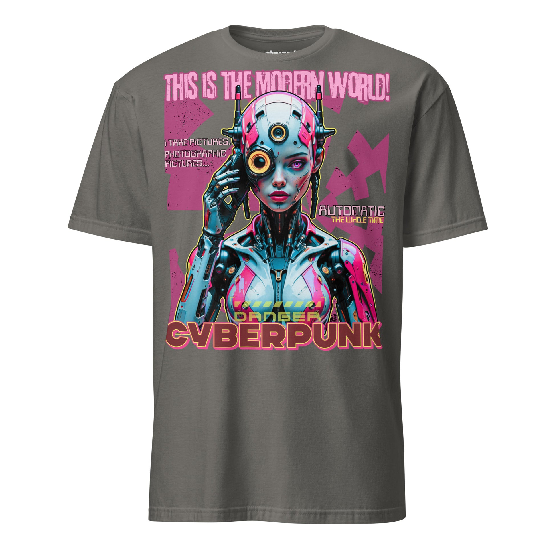 Winterpink T-Shirt – Cyborg im Neon-Design mit Text ‚This is the Modern World‘, Cyberpunk-Style zwischen Überwachung, Dystopie und Streetwear