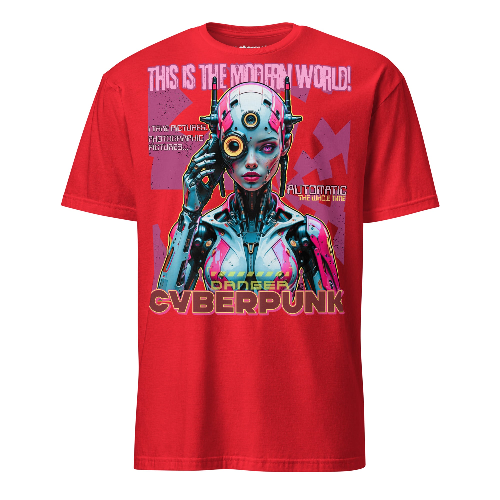 Winterpink T-Shirt – Cyborg im Neon-Design mit Text ‚This is the Modern World‘, Cyberpunk-Style zwischen Überwachung, Dystopie und Streetwear