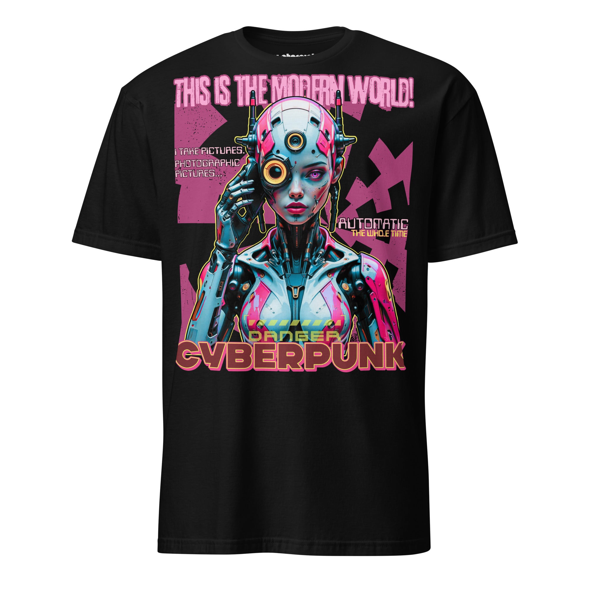 Winterpink T-Shirt – Cyborg im Neon-Design mit Text ‚This is the Modern World‘, Cyberpunk-Style zwischen Überwachung, Dystopie und Streetwear