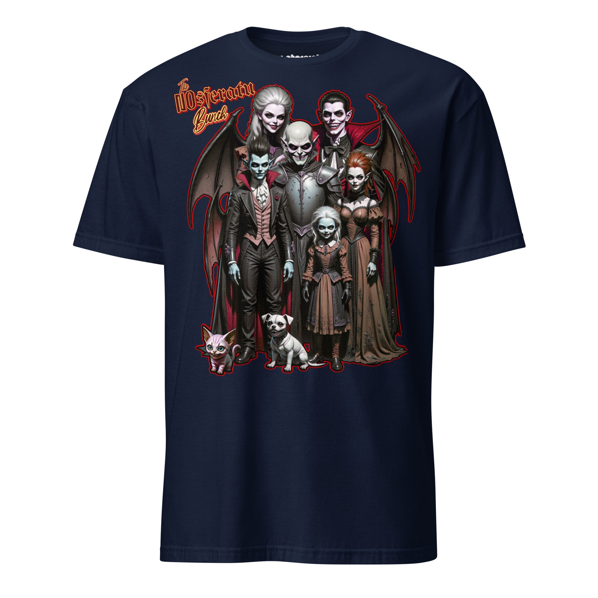 Winterpink T-Shirt – NOsferatu Bunch, Vampirfamilie als Gothic-Portrait mit Fledermausflügeln, absurd-humorvolles Horror-Design