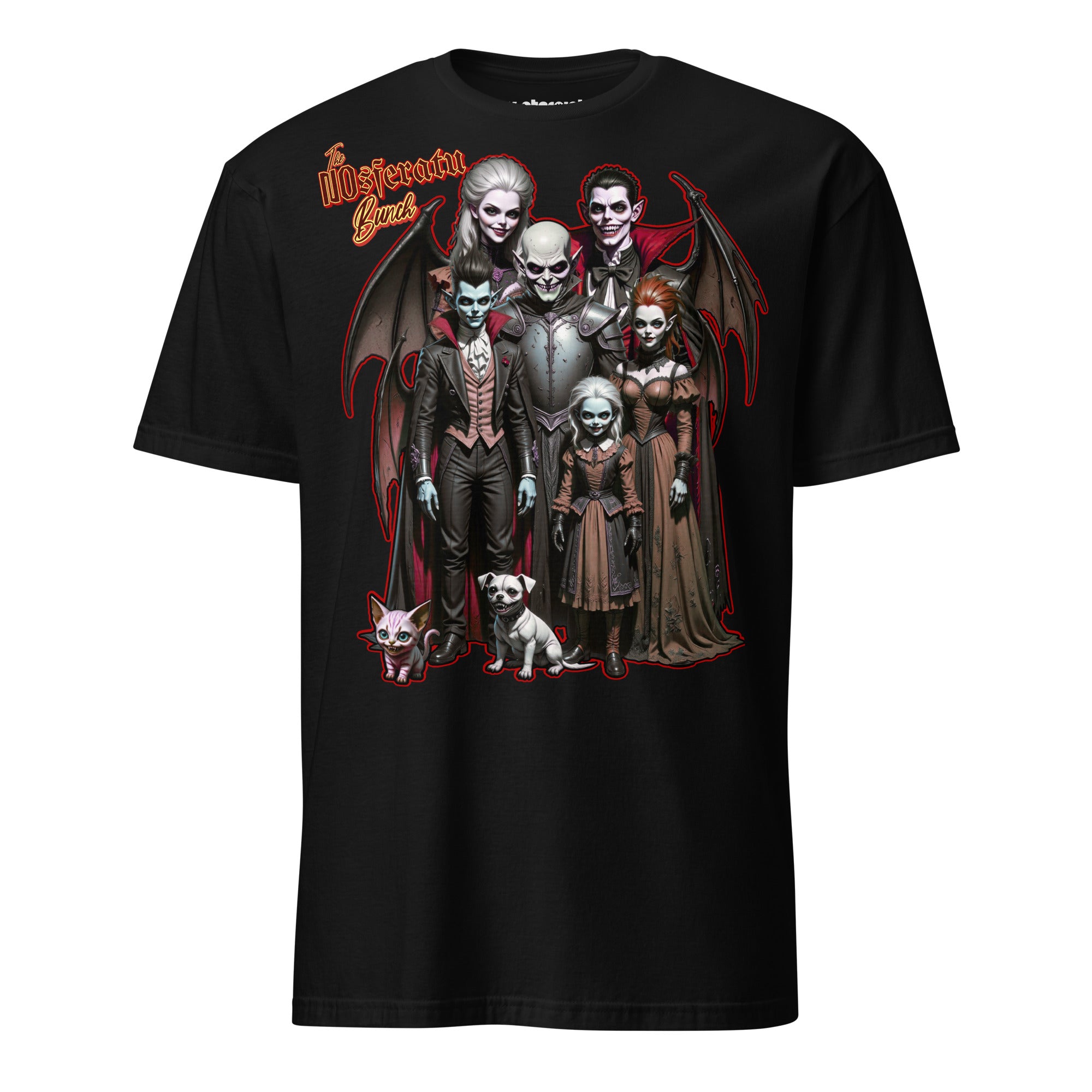 Winterpink T-Shirt – NOsferatu Bunch, Vampirfamilie als Gothic-Portrait mit Fledermausflügeln, absurd-humorvolles Horror-Design