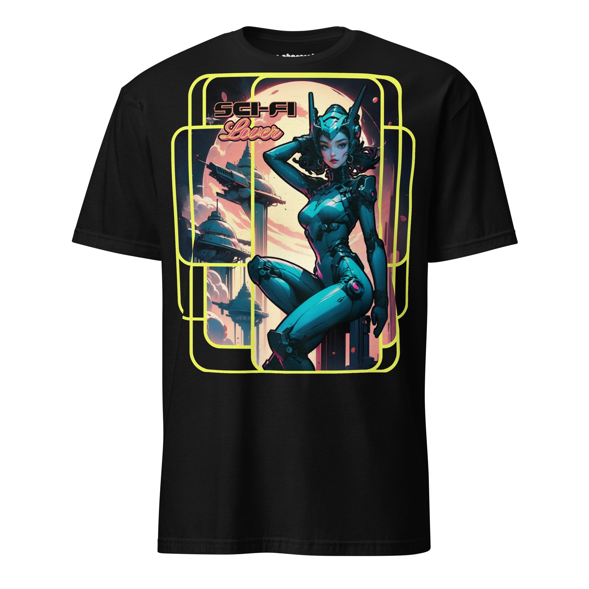 Winterpink T-Shirt Sci-Fi Lover (No. 1 ) – retro-futuristische Heldin im Space-Suit, Raumstationen im Hintergrund, inspiriert von Vintage Sci-Fi Pulps