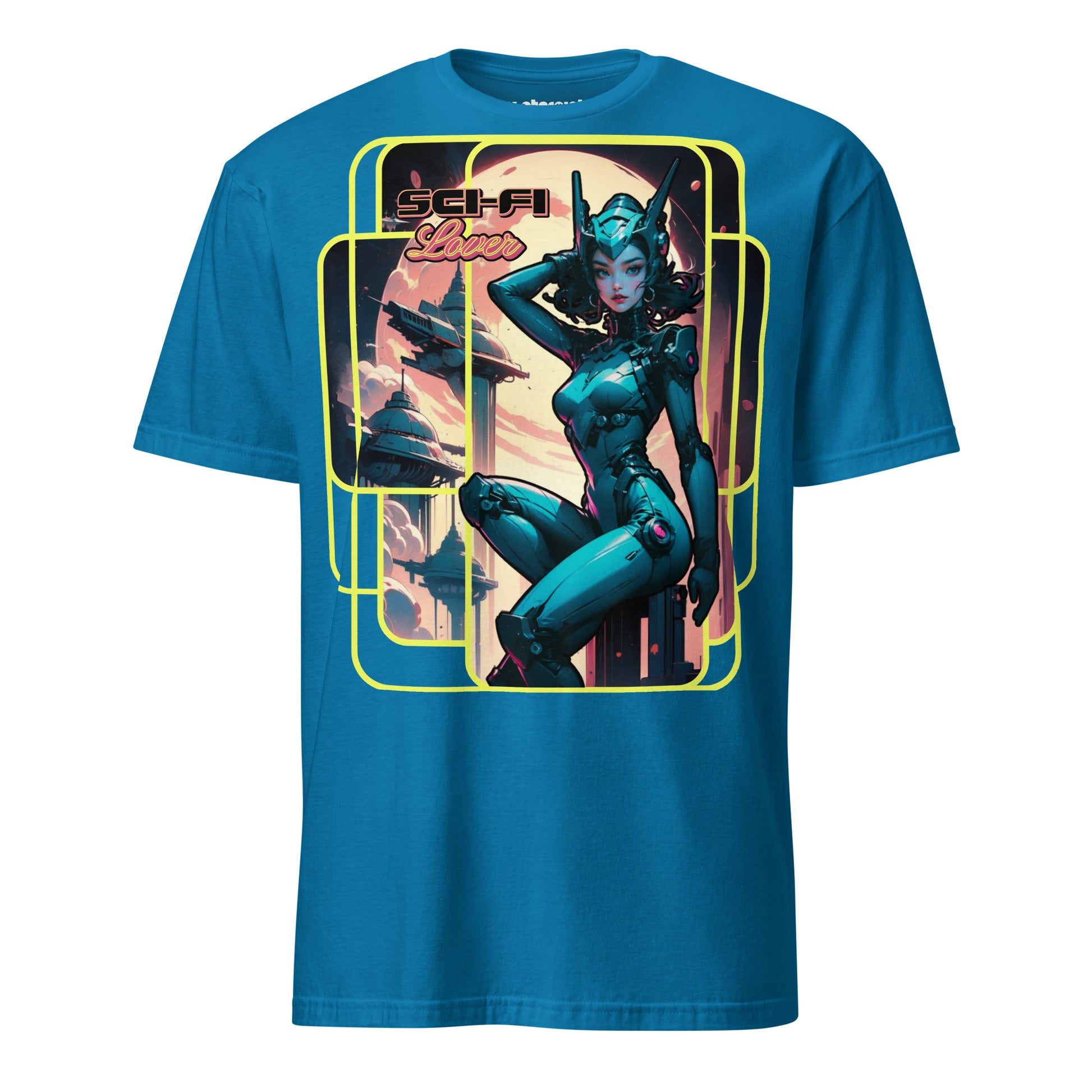 Winterpink T-Shirt Sci-Fi Lover (No. 1 ) – retro-futuristische Heldin im Space-Suit, Raumstationen im Hintergrund, inspiriert von Vintage Sci-Fi Pulps