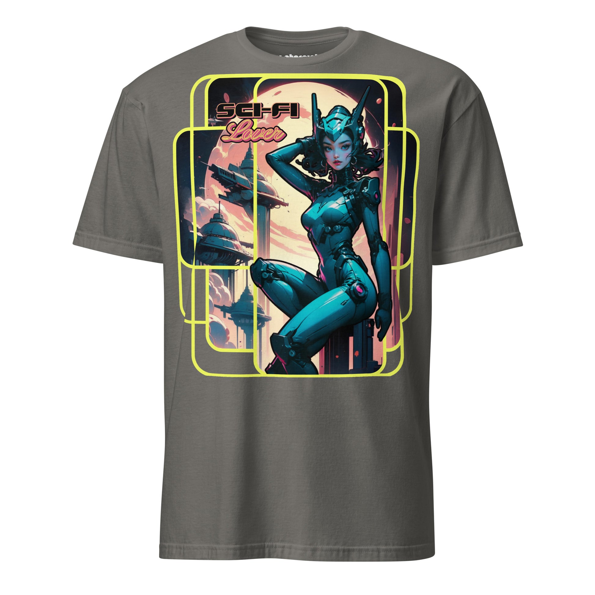 Winterpink T-Shirt Sci-Fi Lover (No. 1 ) – retro-futuristische Heldin im Space-Suit, Raumstationen im Hintergrund, inspiriert von Vintage Sci-Fi Pulps