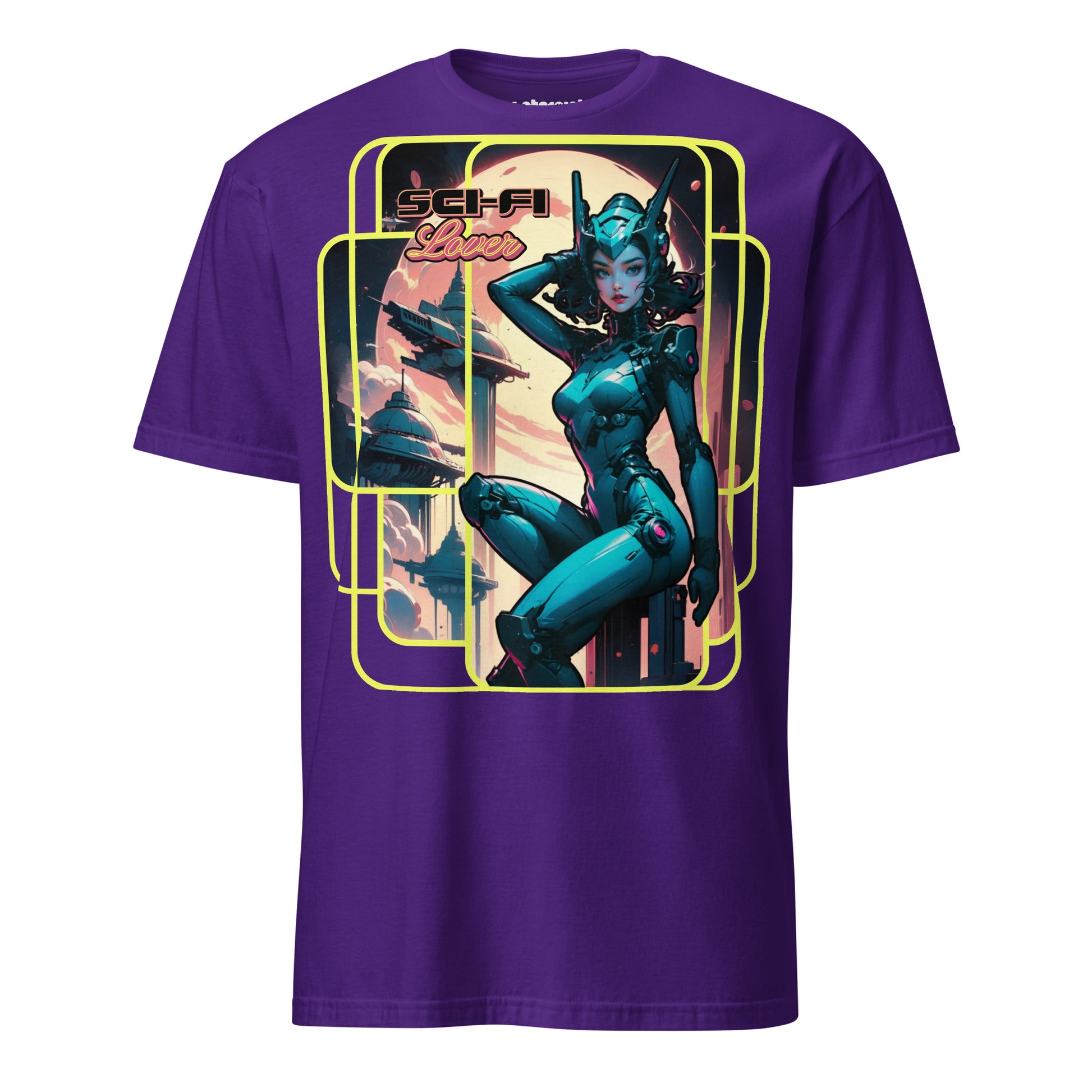 Winterpink T-Shirt Sci-Fi Lover (No. 1 ) – retro-futuristische Heldin im Space-Suit, Raumstationen im Hintergrund, inspiriert von Vintage Sci-Fi Pulps