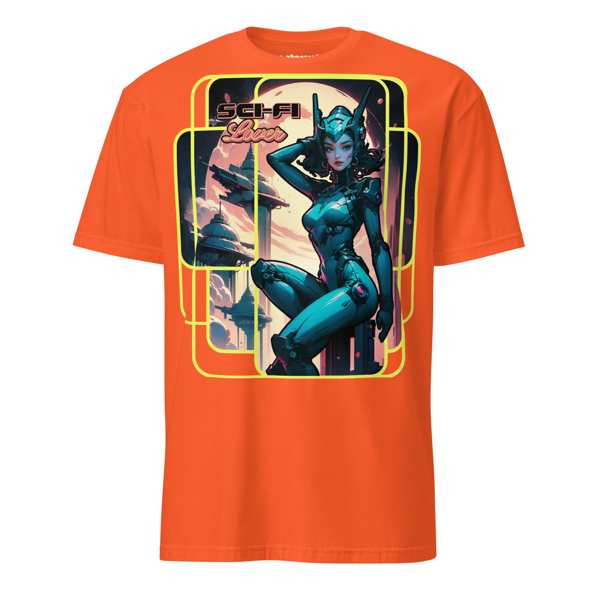 Winterpink T-Shirt Sci-Fi Lover (No. 1 ) – retro-futuristische Heldin im Space-Suit, Raumstationen im Hintergrund, inspiriert von Vintage Sci-Fi Pulps