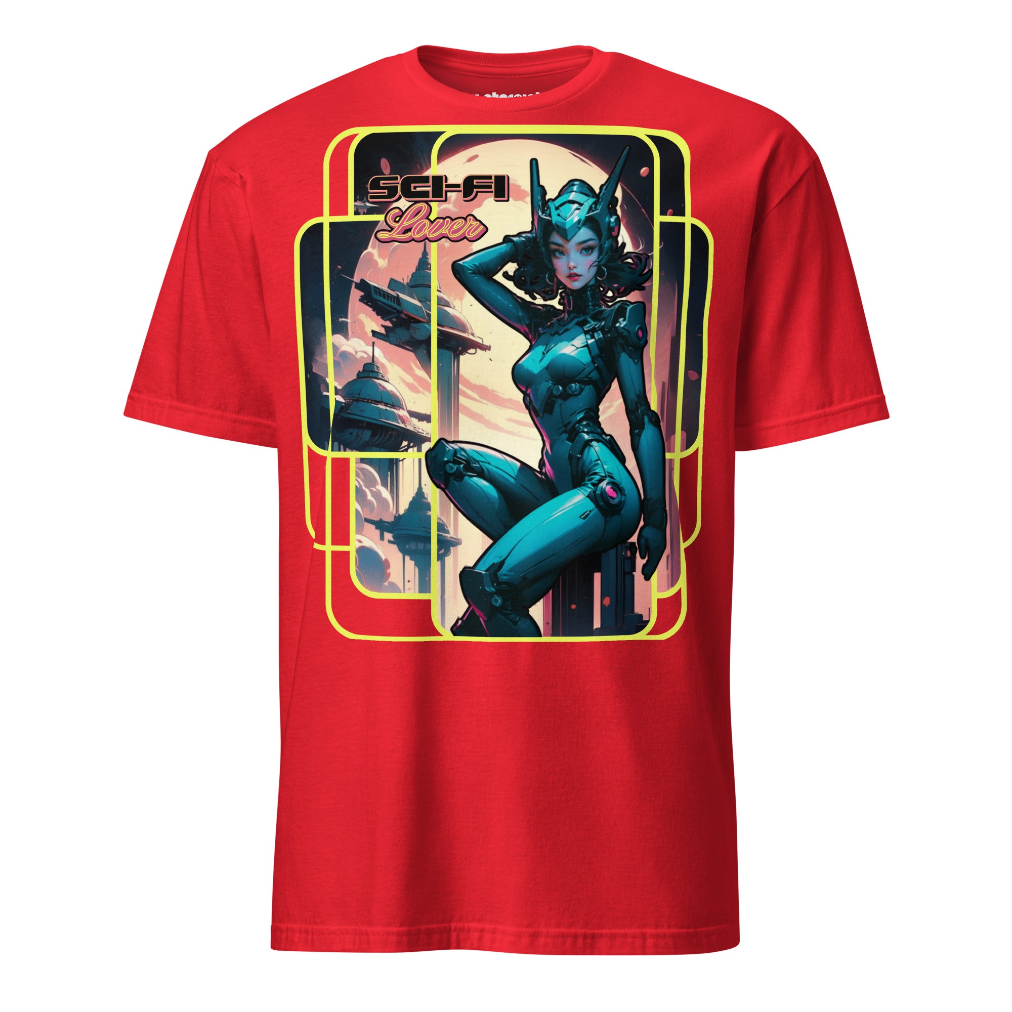 Winterpink T-Shirt Sci-Fi Lover (No. 1 ) – retro-futuristische Heldin im Space-Suit, Raumstationen im Hintergrund, inspiriert von Vintage Sci-Fi Pulps