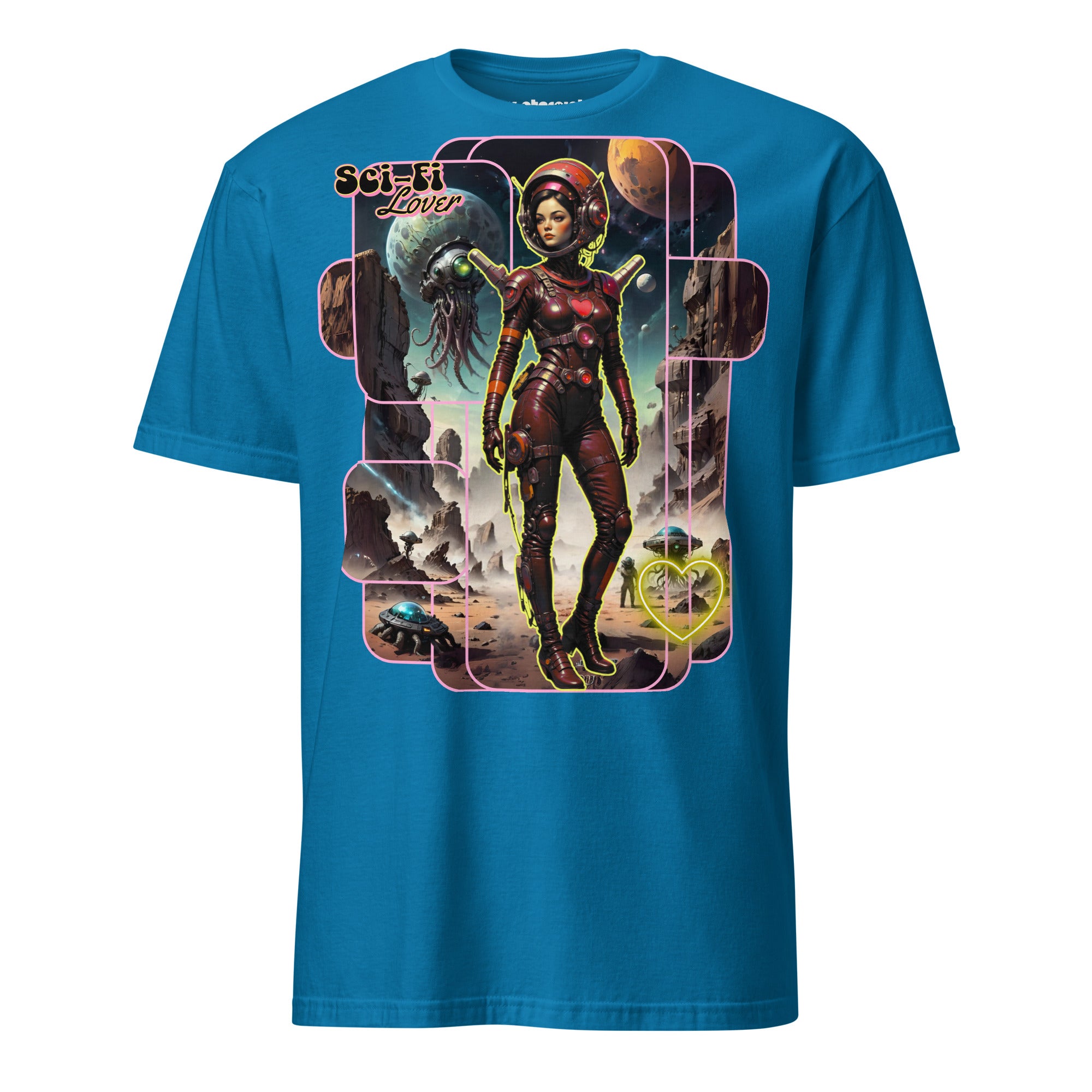 Winterpink T-Shirt Sci-Fi Lover (No. 2) – retro-futuristische Space Glam Heldin auf Mission mit Alien-Kreaturen und Neon-Herz, inspiriert von nie existierender Sci-Fi Serie