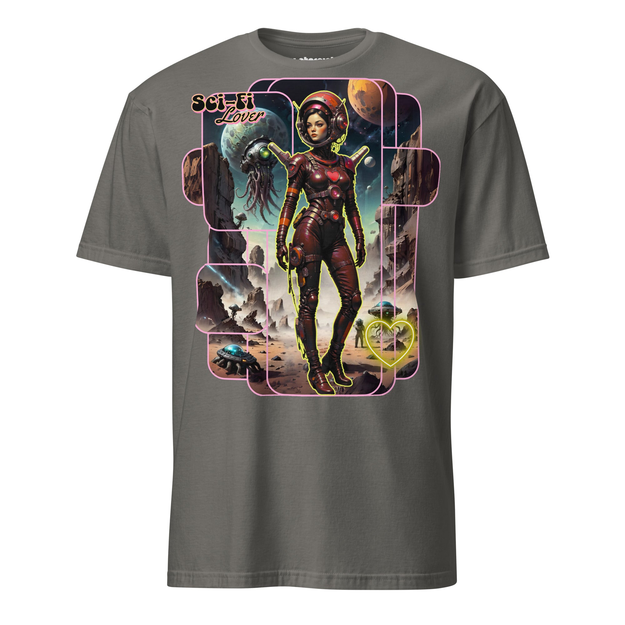 Winterpink T-Shirt Sci-Fi Lover (No. 2) – retro-futuristische Space Glam Heldin auf Mission mit Alien-Kreaturen und Neon-Herz, inspiriert von nie existierender Sci-Fi Serie