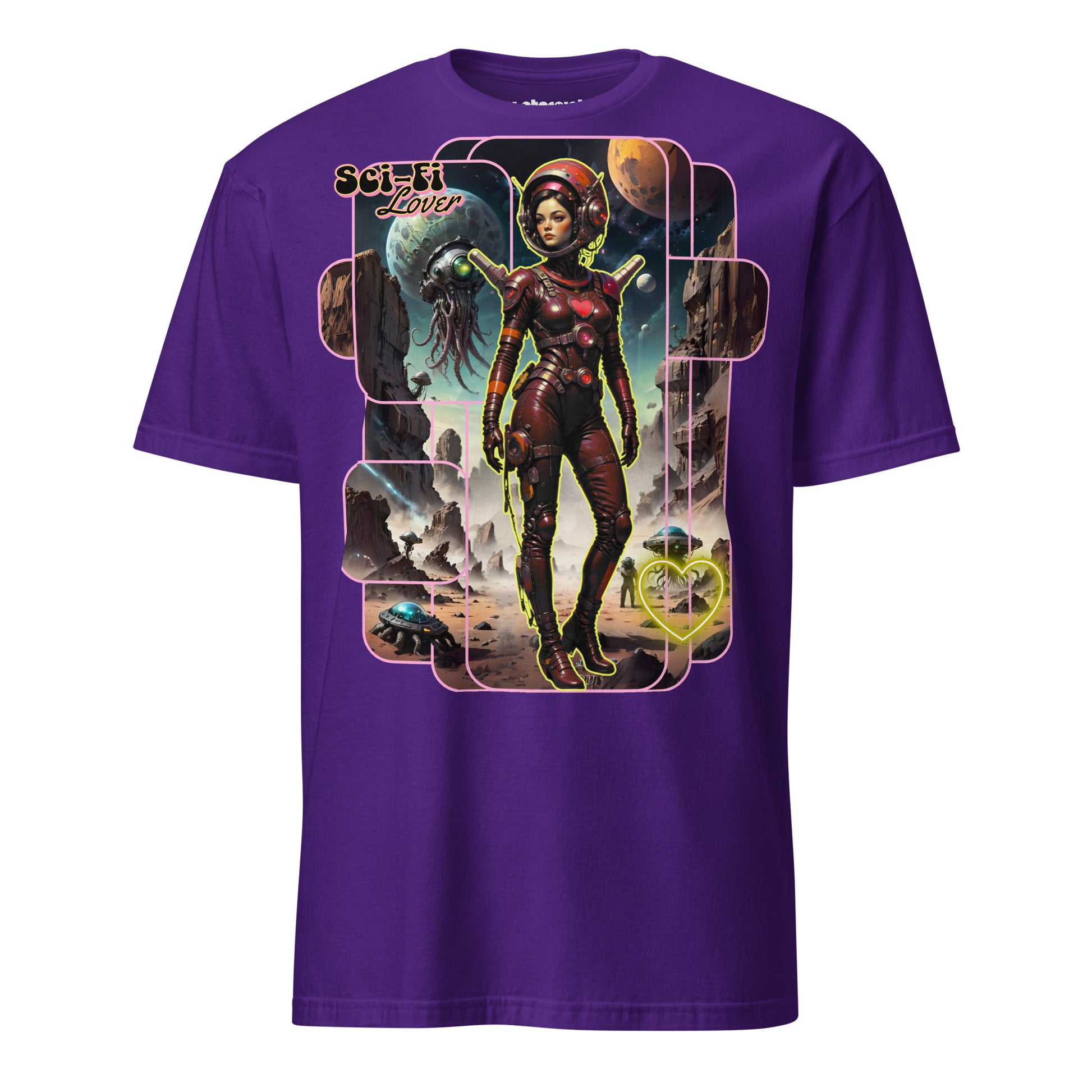 Winterpink T-Shirt Sci-Fi Lover (No. 2) – retro-futuristische Space Glam Heldin auf Mission mit Alien-Kreaturen und Neon-Herz, inspiriert von nie existierender Sci-Fi Serie