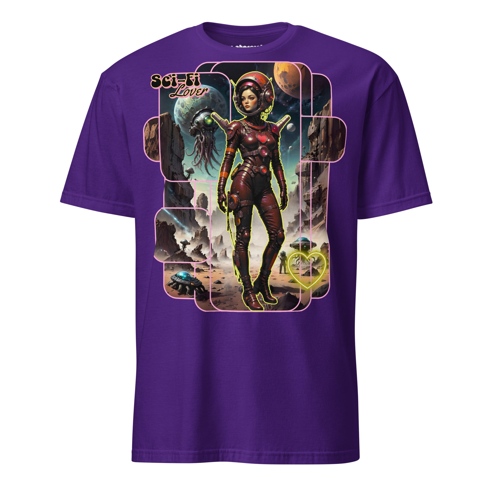 Winterpink T-Shirt Sci-Fi Lover (No. 2) – retro-futuristische Space Glam Heldin auf Mission mit Alien-Kreaturen und Neon-Herz, inspiriert von nie existierender Sci-Fi Serie