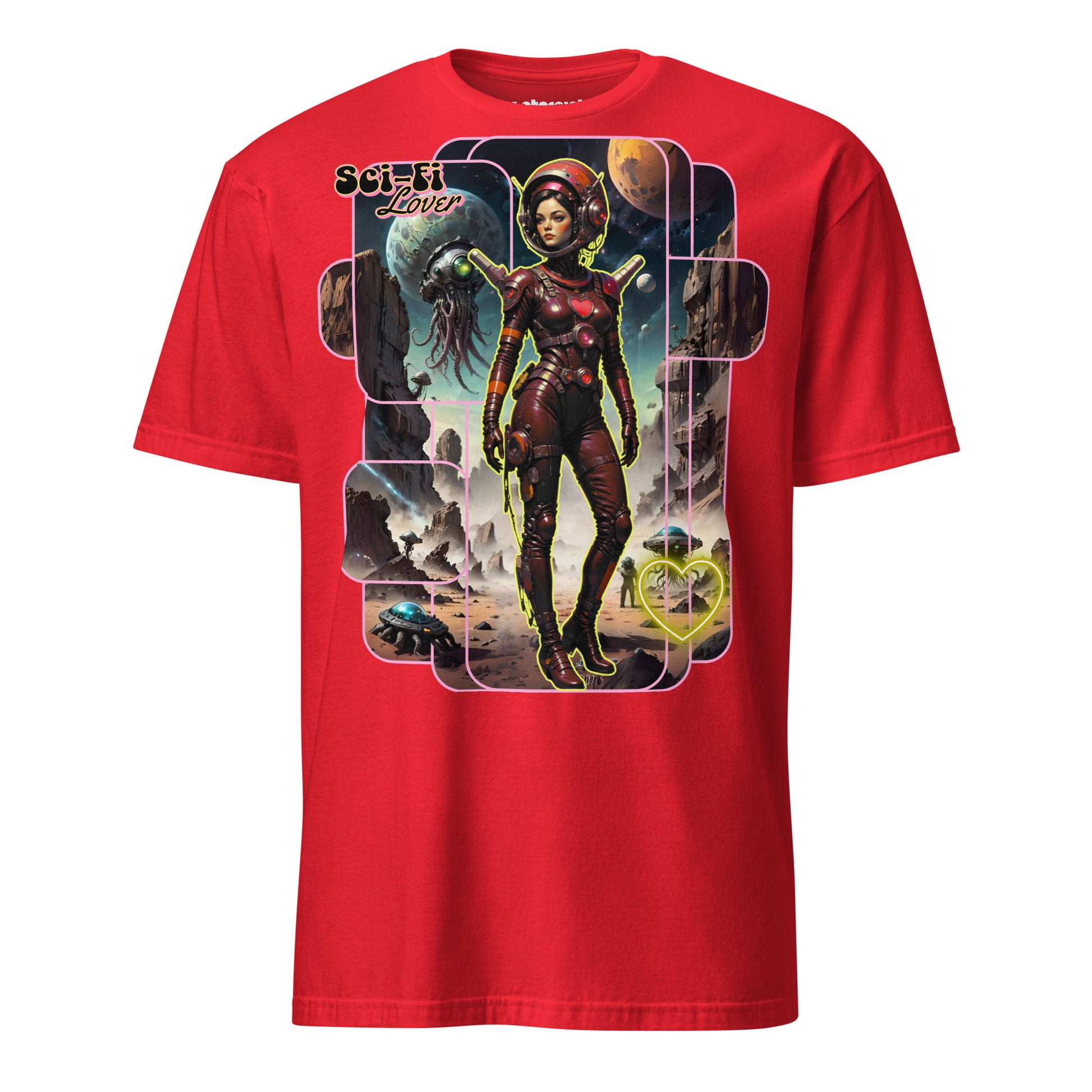 Winterpink T-Shirt Sci-Fi Lover (No. 2) – retro-futuristische Space Glam Heldin auf Mission mit Alien-Kreaturen und Neon-Herz, inspiriert von nie existierender Sci-Fi Serie