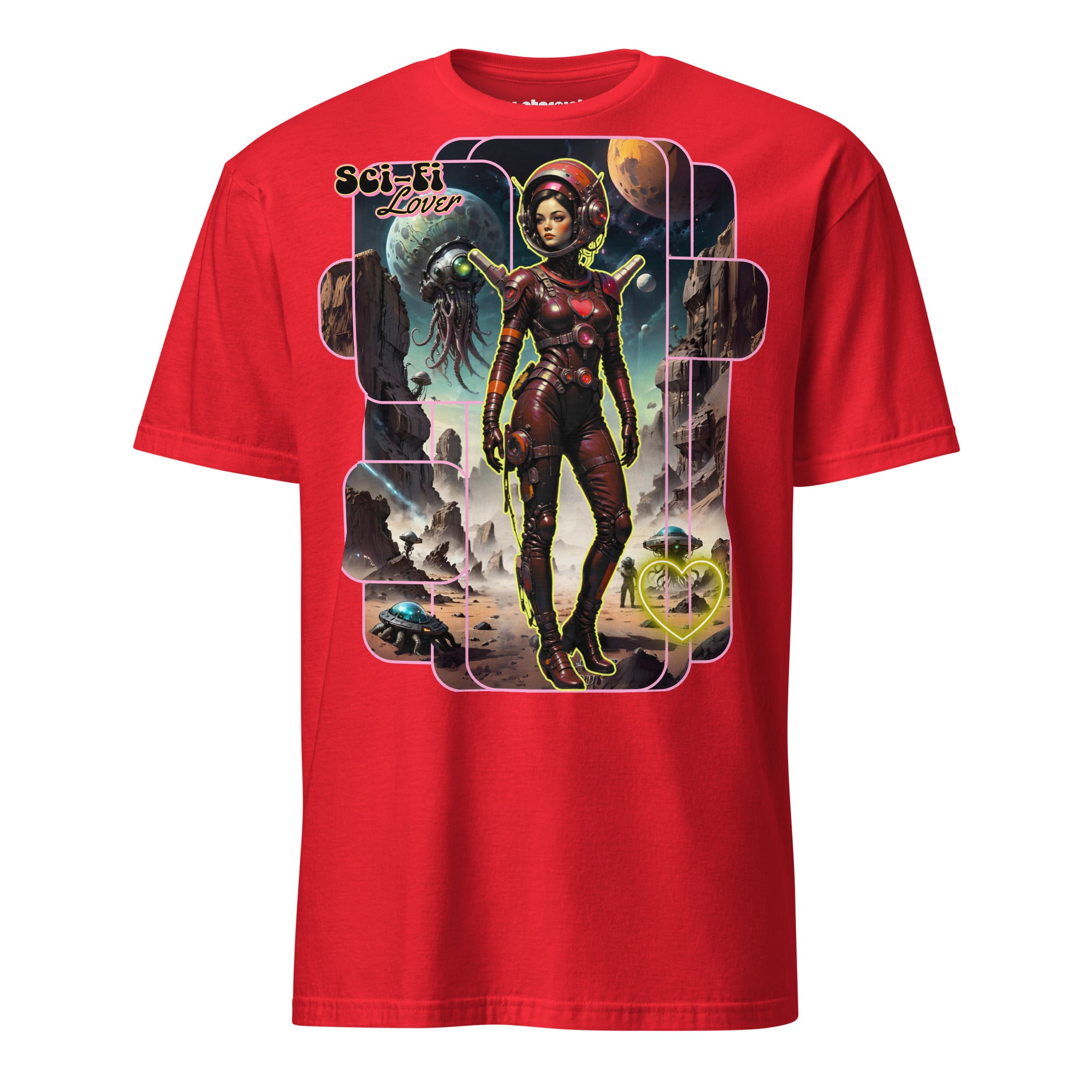 Winterpink T-Shirt Sci-Fi Lover (No. 2) – retro-futuristische Space Glam Heldin auf Mission mit Alien-Kreaturen und Neon-Herz, inspiriert von nie existierender Sci-Fi Serie