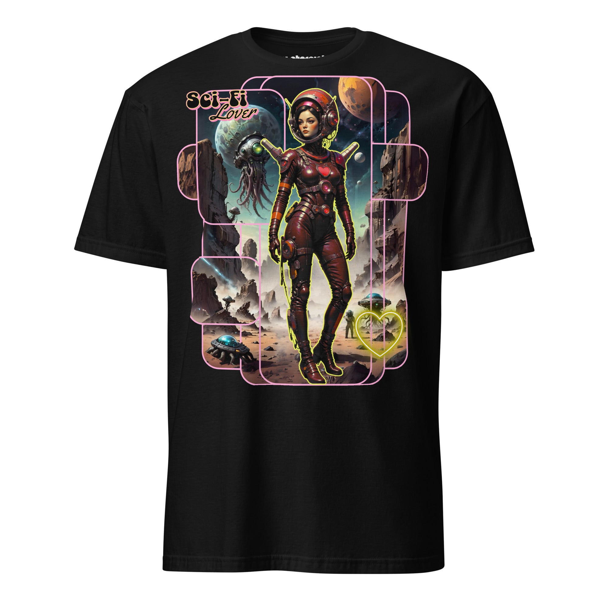 Winterpink T-Shirt Sci-Fi Lover (No. 2) – retro-futuristische Space Glam Heldin auf Mission mit Alien-Kreaturen und Neon-Herz, inspiriert von nie existierender Sci-Fi Serie