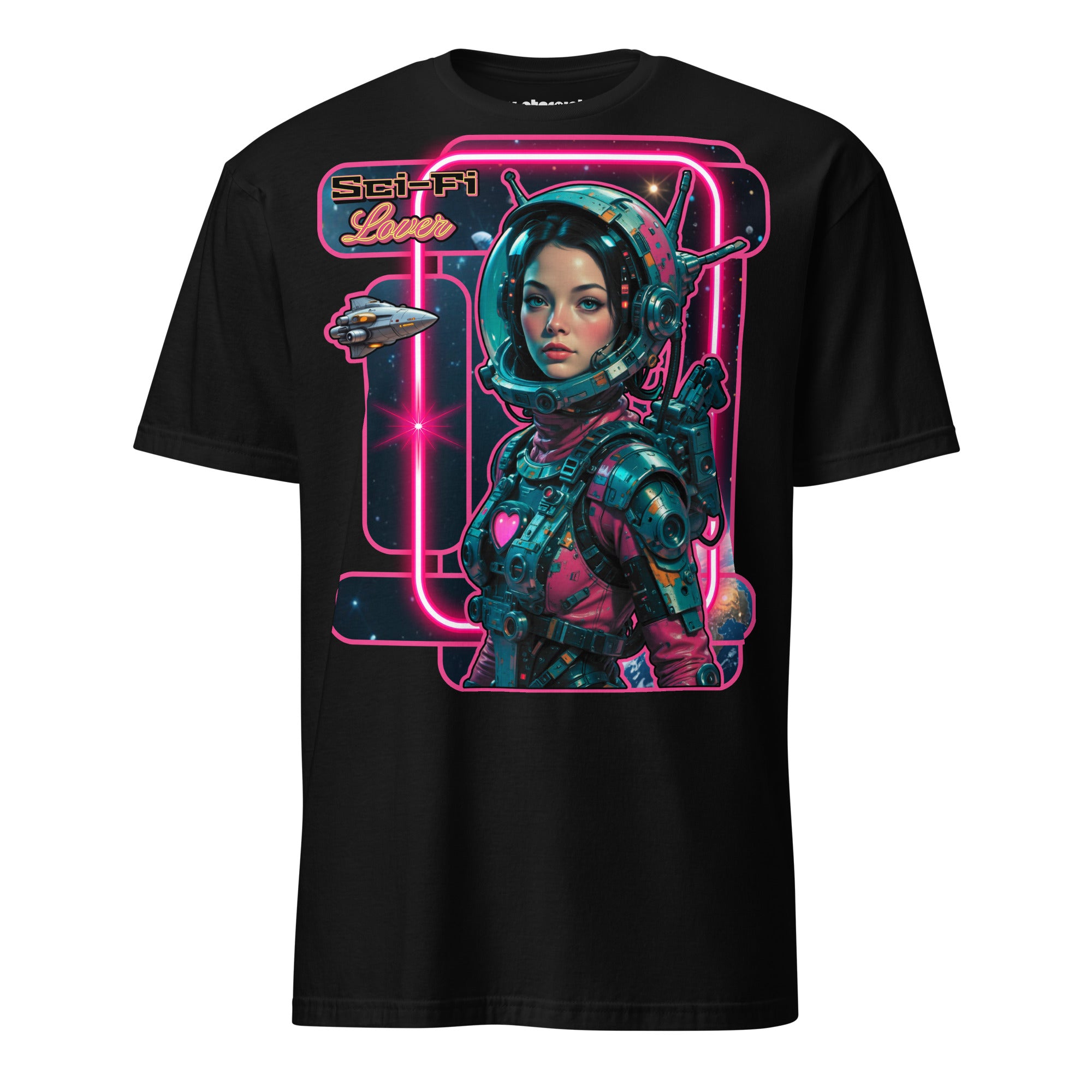 Winterpink T-Shirt Sci-Fi Lover (No. 3) – retro-futuristische Frau im Weltraum mit Art-Deco Rahmen, inspiriert von Vintage Sci-Fi Pulps & Retro-Future Glam