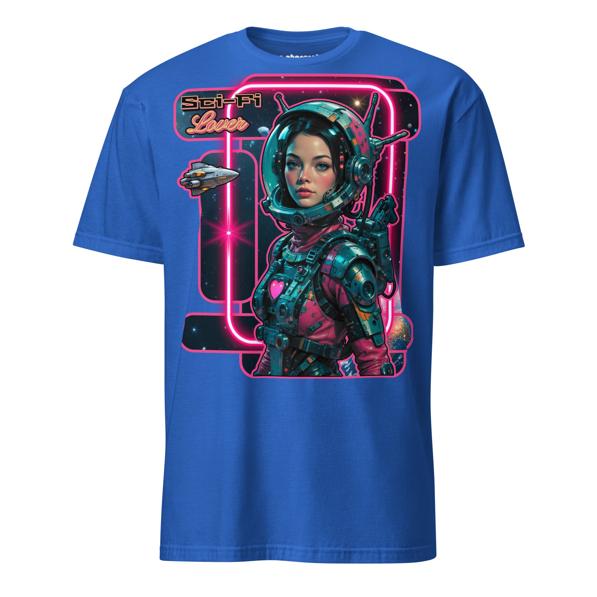 Winterpink T-Shirt Sci-Fi Lover (No. 3) – retro-futuristische Frau im Weltraum mit Art-Deco Rahmen, inspiriert von Vintage Sci-Fi Pulps & Retro-Future Glam