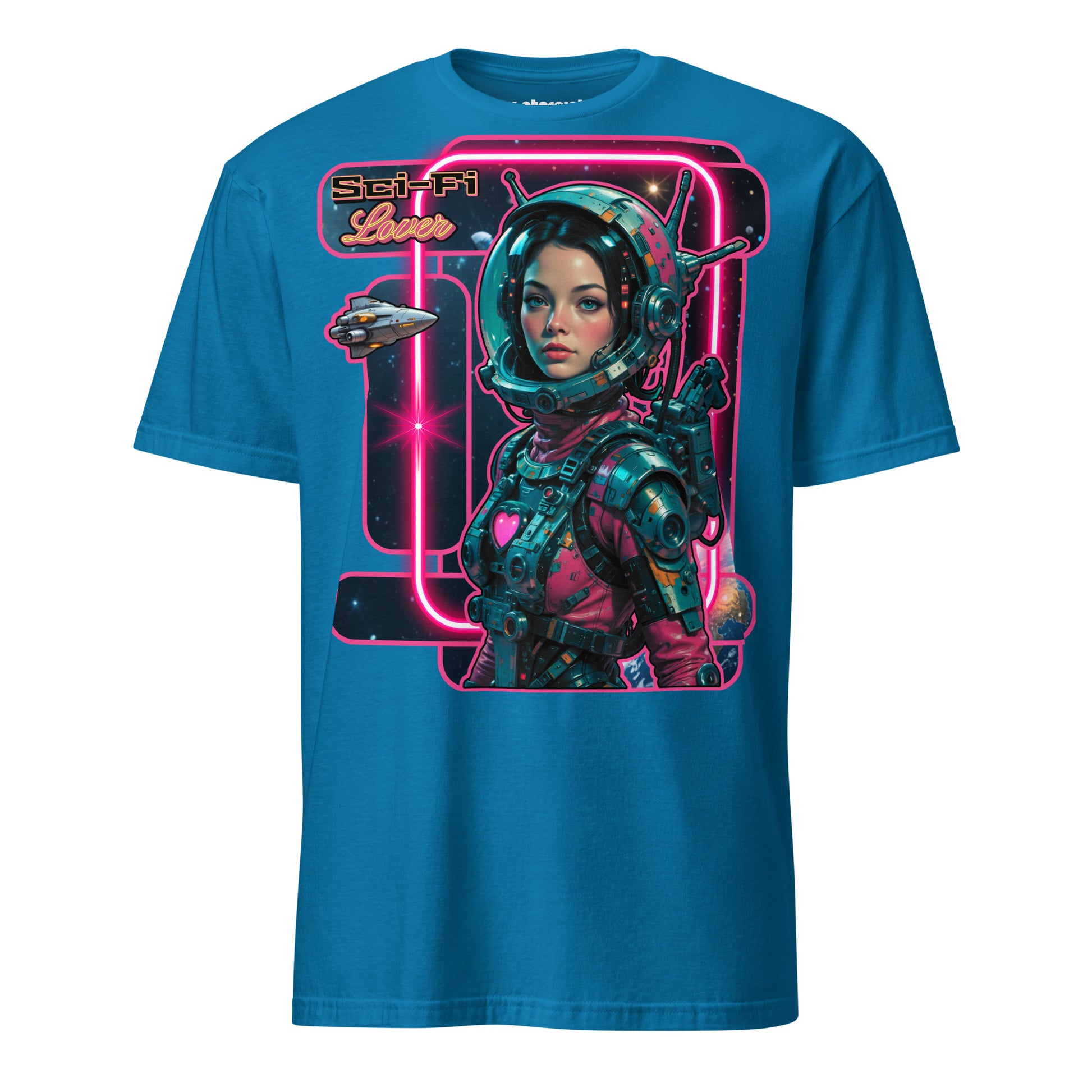 Winterpink T-Shirt Sci-Fi Lover (No. 3) – retro-futuristische Frau im Weltraum mit Art-Deco Rahmen, inspiriert von Vintage Sci-Fi Pulps & Retro-Future Glam