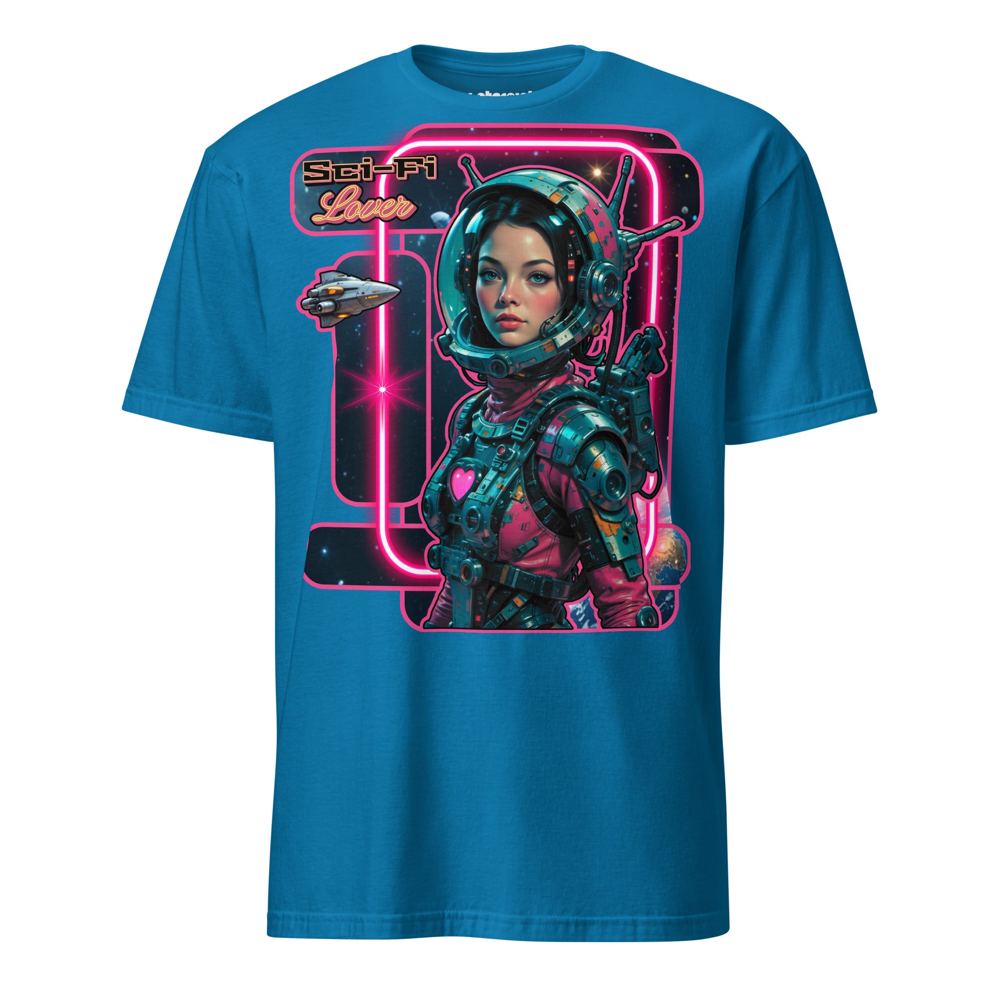 Winterpink T-Shirt Sci-Fi Lover (No. 3) – retro-futuristische Frau im Weltraum mit Art-Deco Rahmen, inspiriert von Vintage Sci-Fi Pulps & Retro-Future Glam